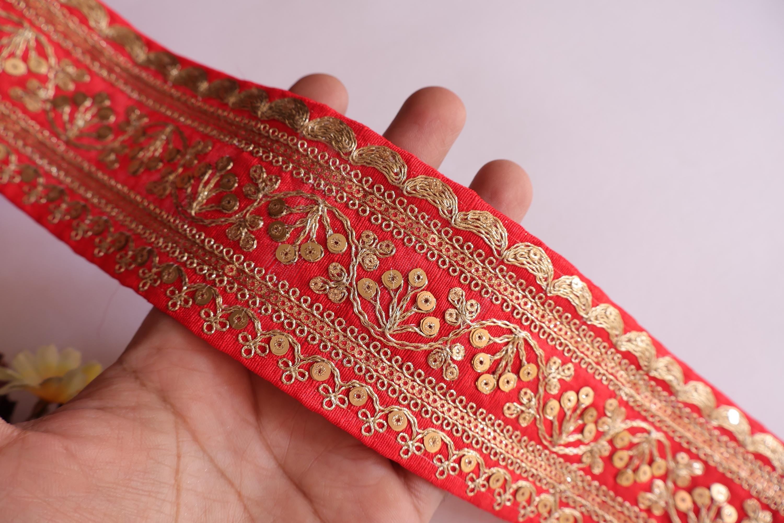 Red & Golden Zari Embroidered Sari Lace - Indian Dress Border (9 Yards)