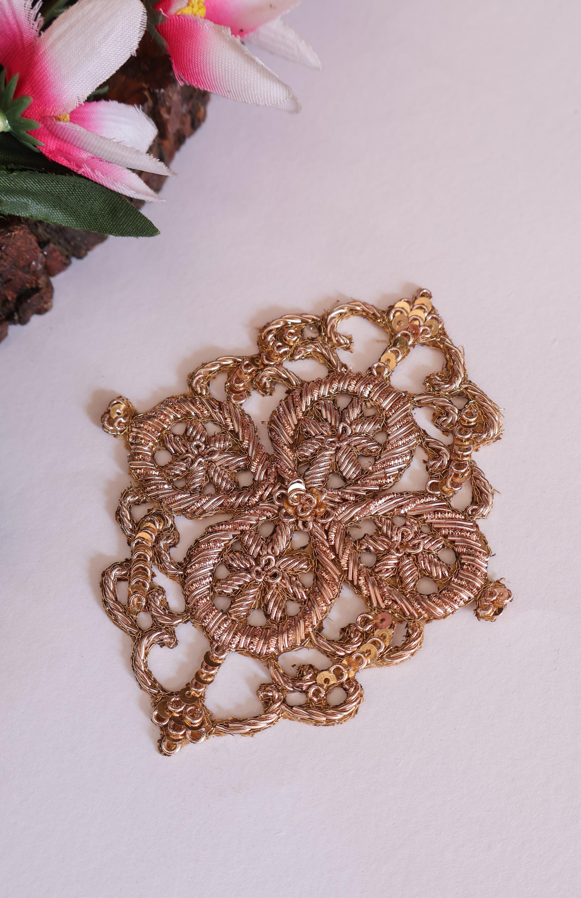 Handcrafted Zardozi Embroidered Applique Patch: Gold/Rose Gold Indian Design