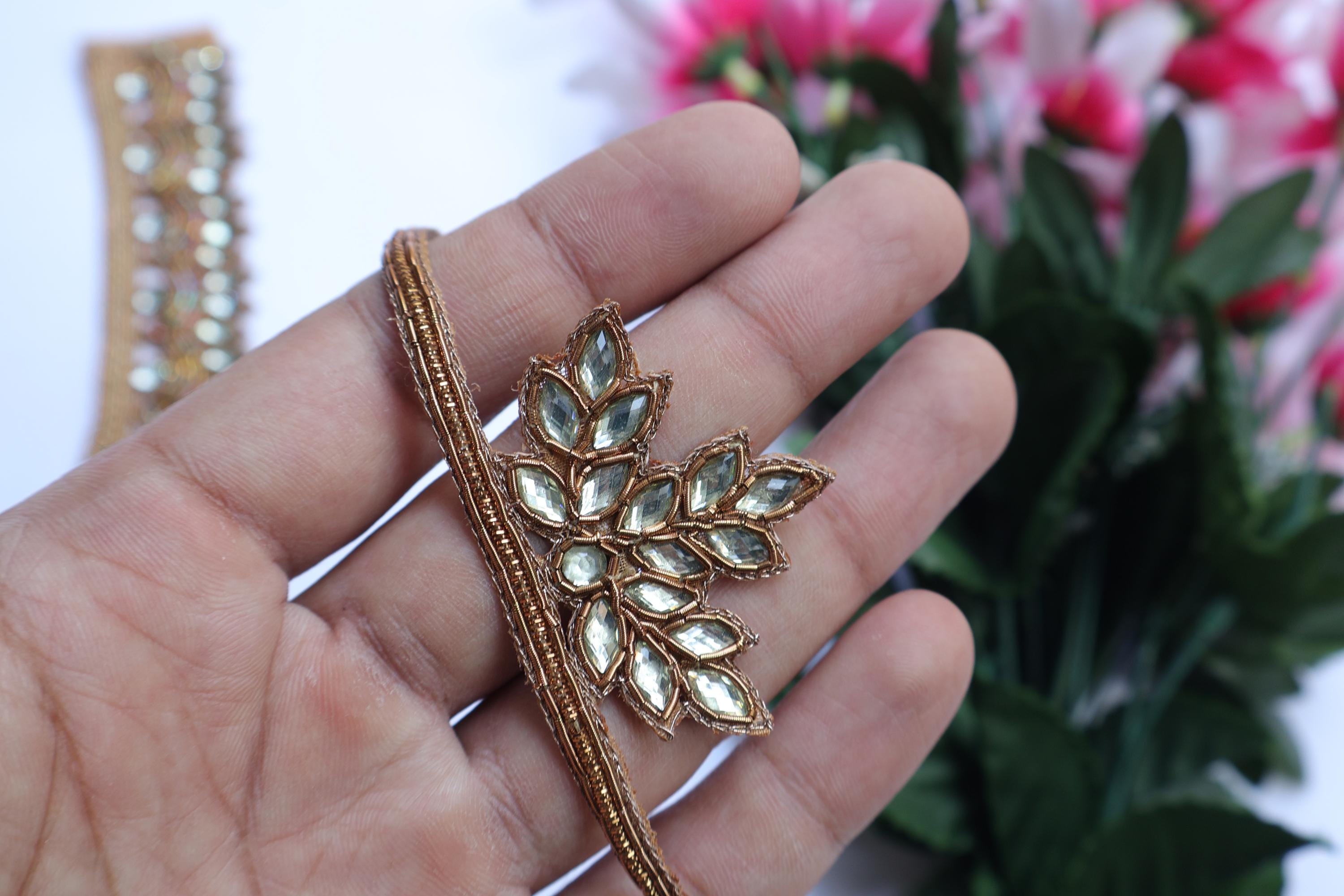 Golden Embroidered Stonework Neckline Patch with Sleeves: Indian DIY Garment Applique