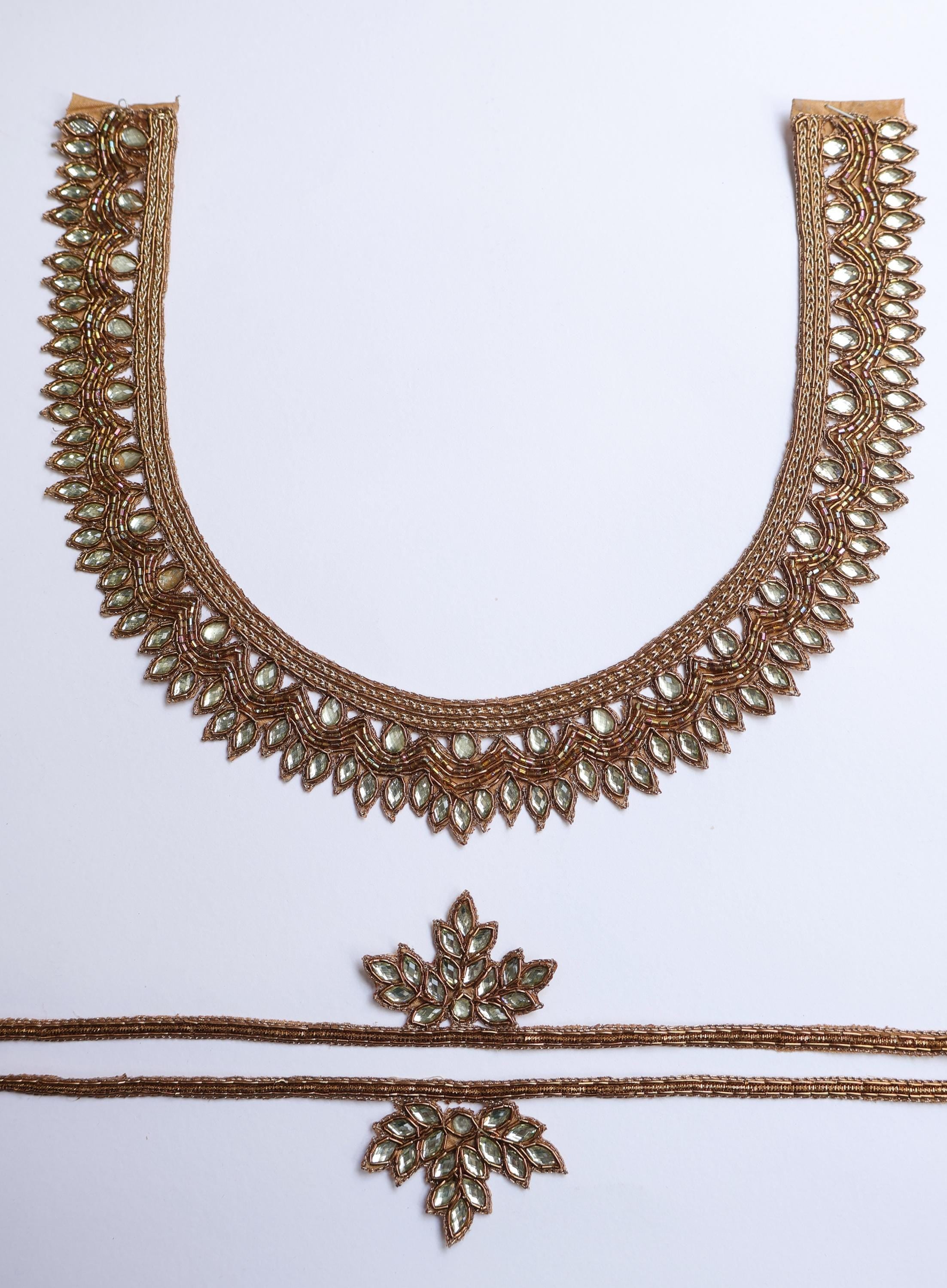 Golden Embroidered Stonework Neckline Patch with Sleeves: Indian DIY Garment Applique