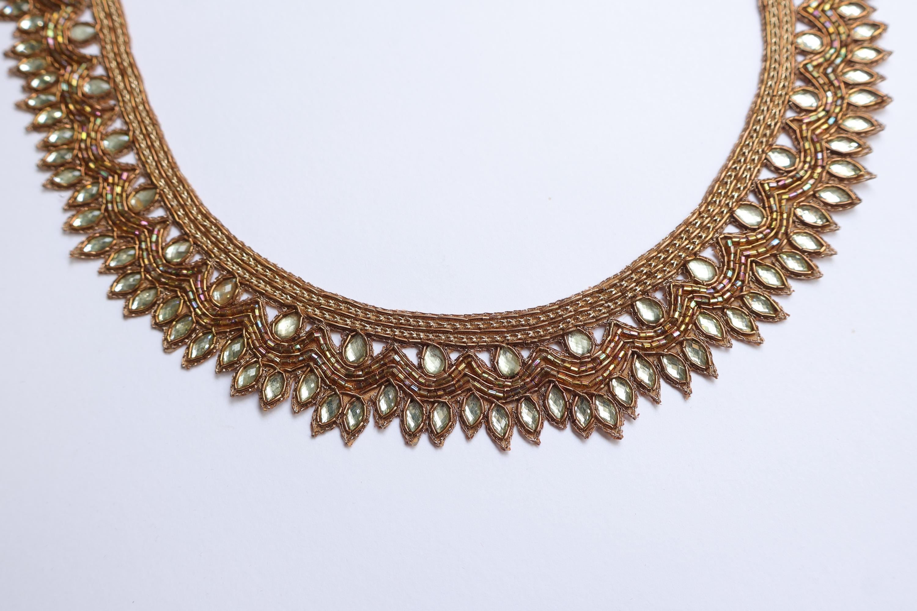 Golden Embroidered Stonework Neckline Patch with Sleeves: Indian DIY Garment Applique