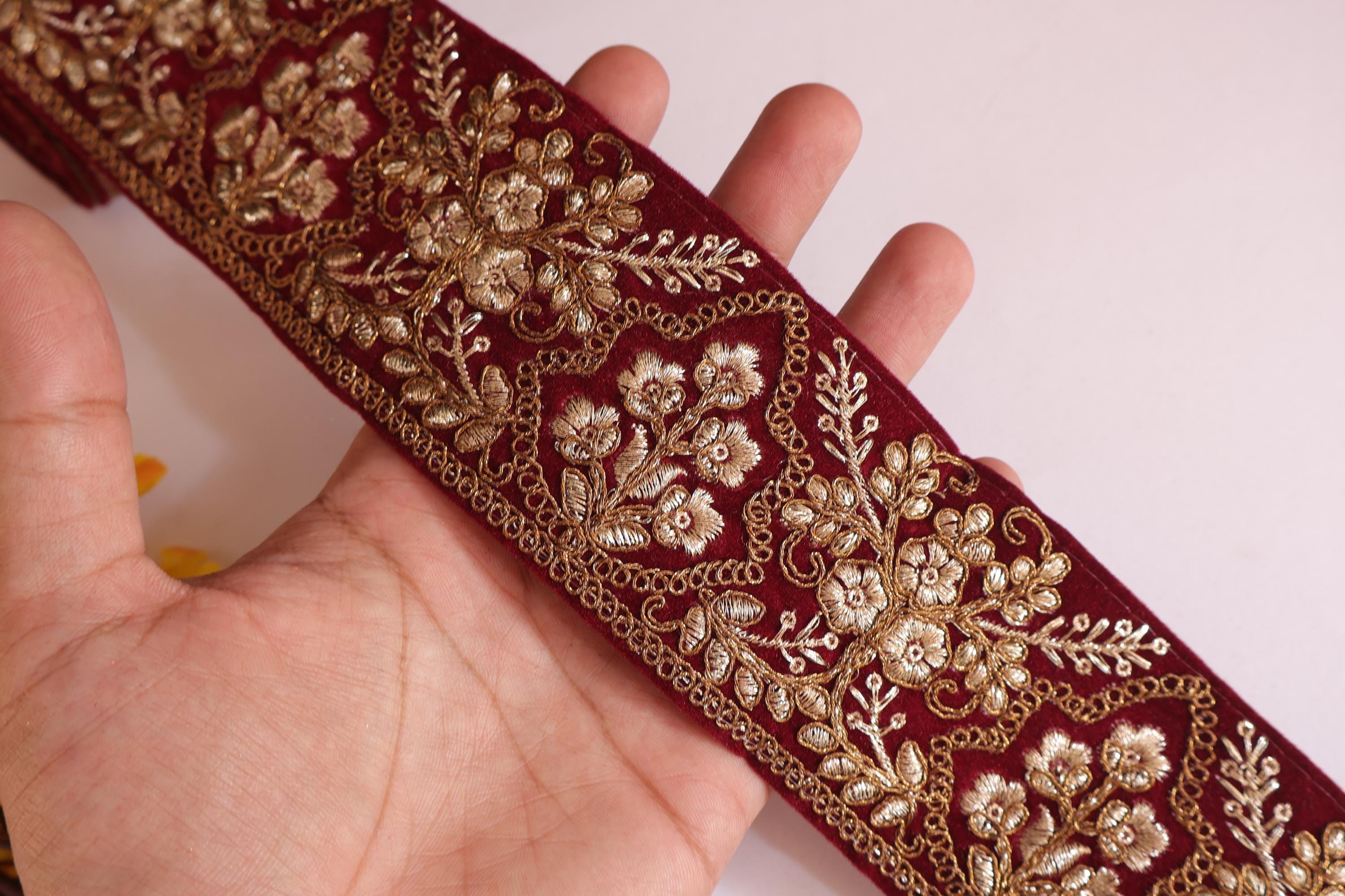 Embroidered Velvet Dress Border Lace: Maroon & Gold Floral Sari Trim (3 Yards) - Maroon Embroidered Velvet Dress Border Lace: Maroon & Gold Floral Sari Trim (3 Yards) - Maroon