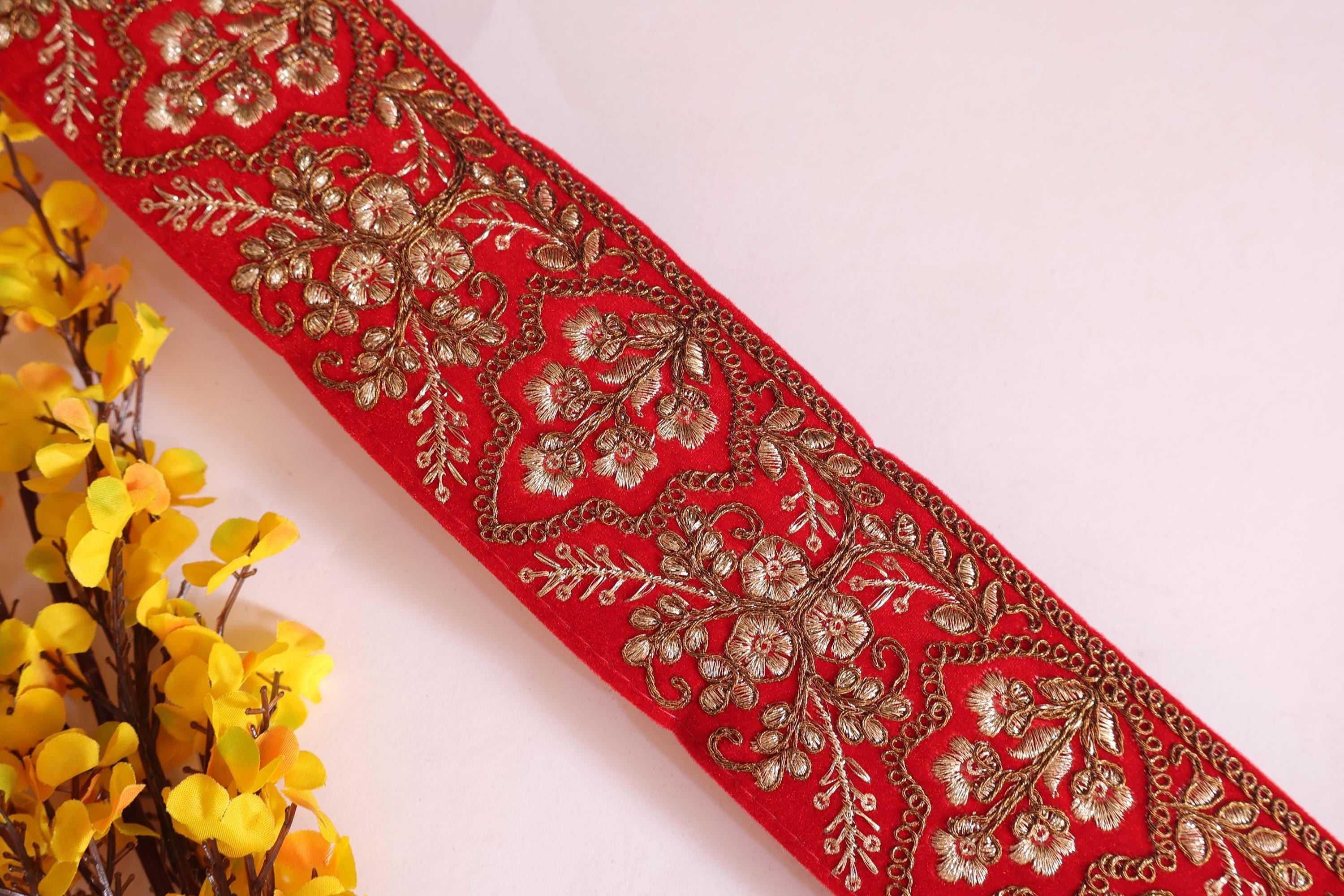 Embroidered Velvet Dress Border Lace: Maroon & Gold Floral Sari Trim (3 Yards)