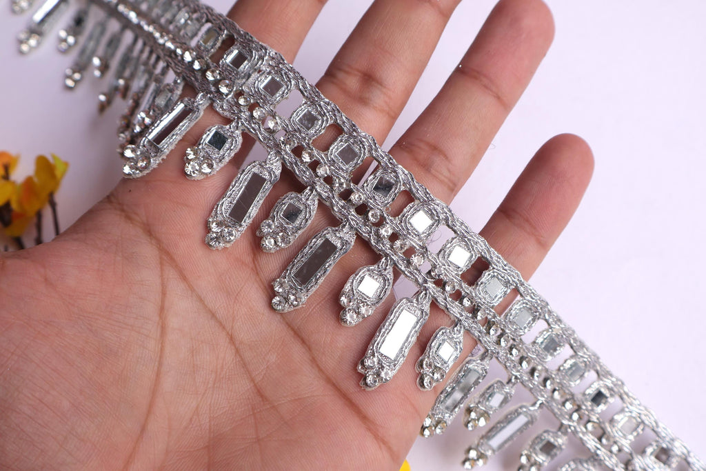 Silver Mirror Lace Trim: Handcrafted Indian Embellishment (4.5cm)