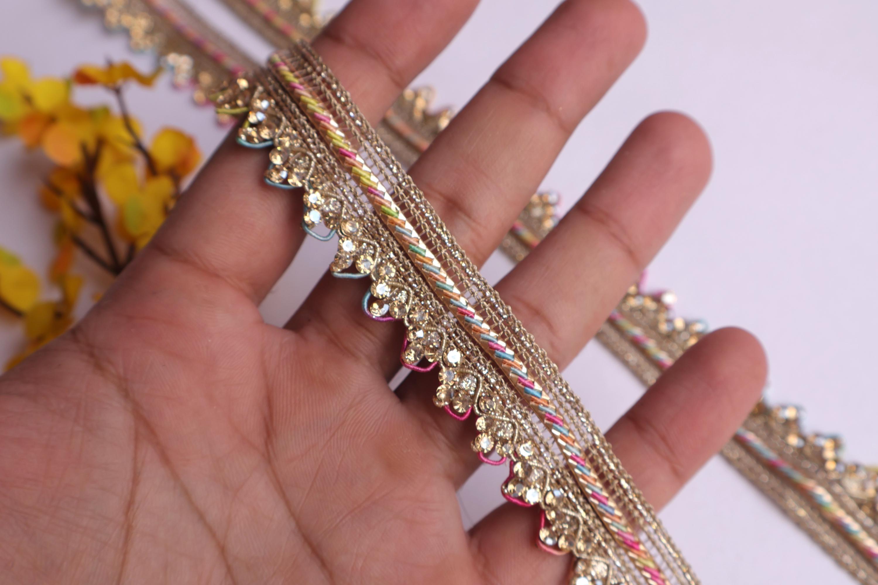 Golden Zircon Crystal Scallop Trim: Rainbow Thread Embroidered Lace, 9 Yards