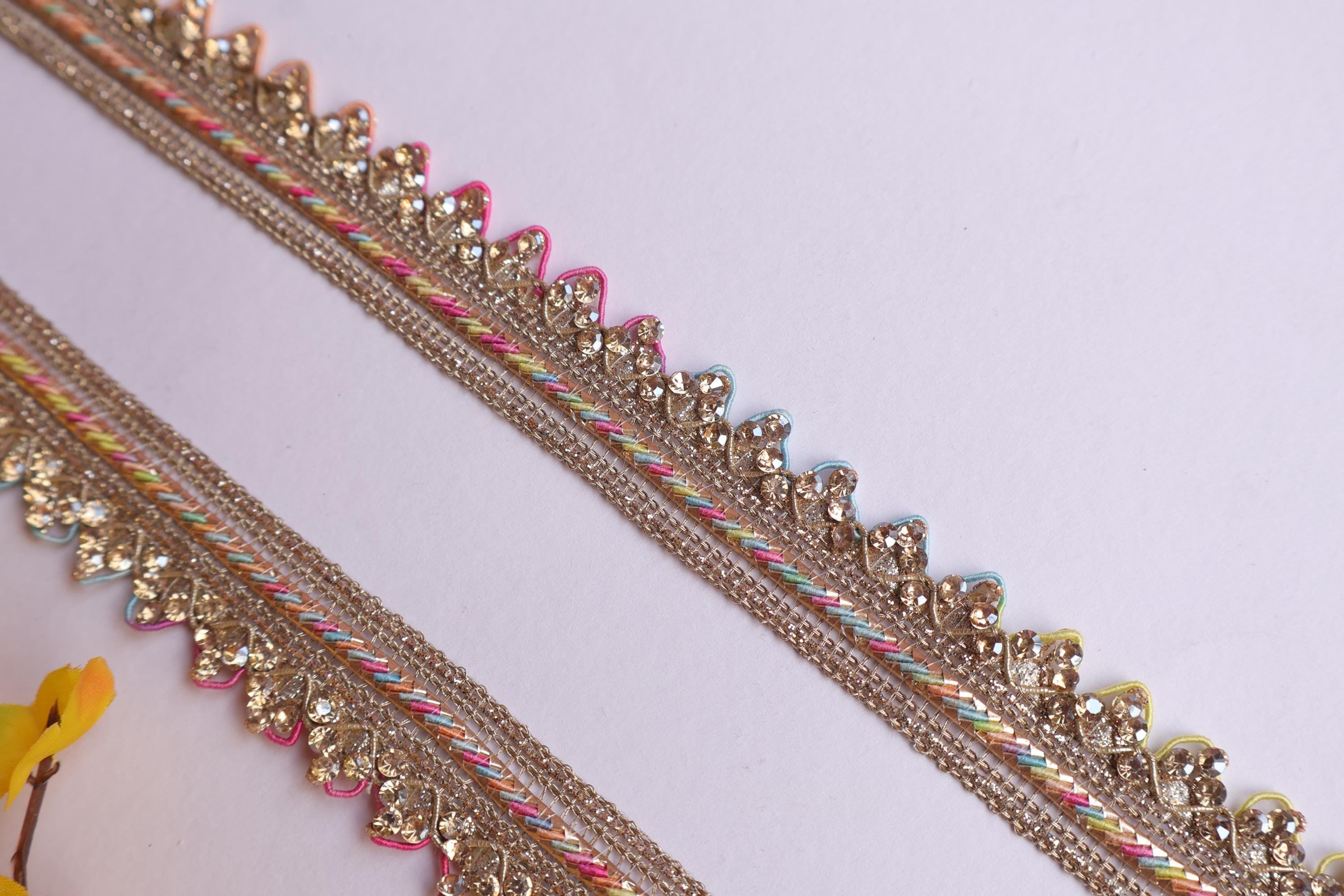 Golden Zircon Crystal Scallop Trim: Rainbow Thread Embroidered Lace, 9 Yards