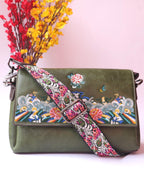 Olive Green Leather Bag: Floral Threadwork Embroidery, Removable Straps