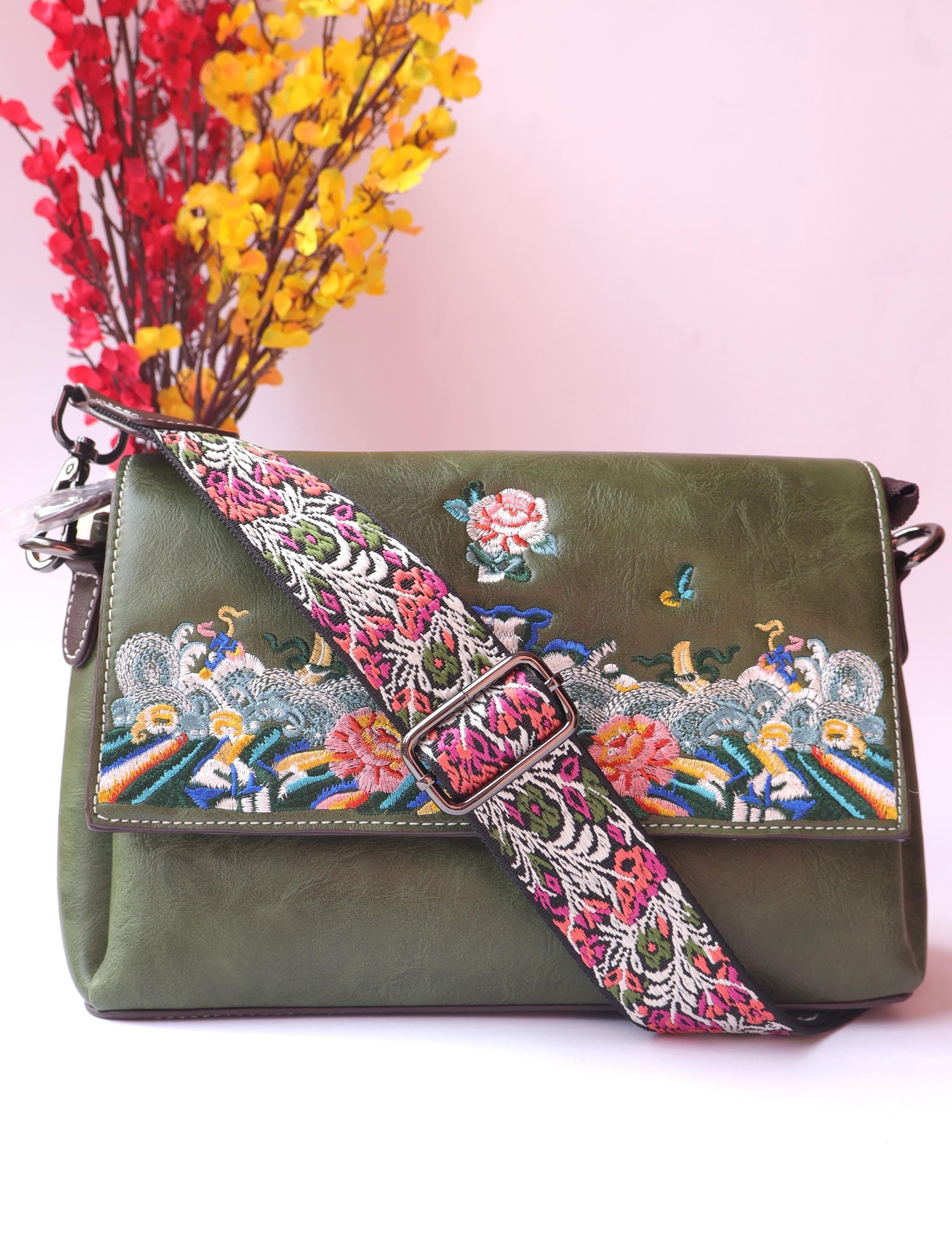 Olive Green Leather Bag: Floral Threadwork Embroidery, Removable Straps