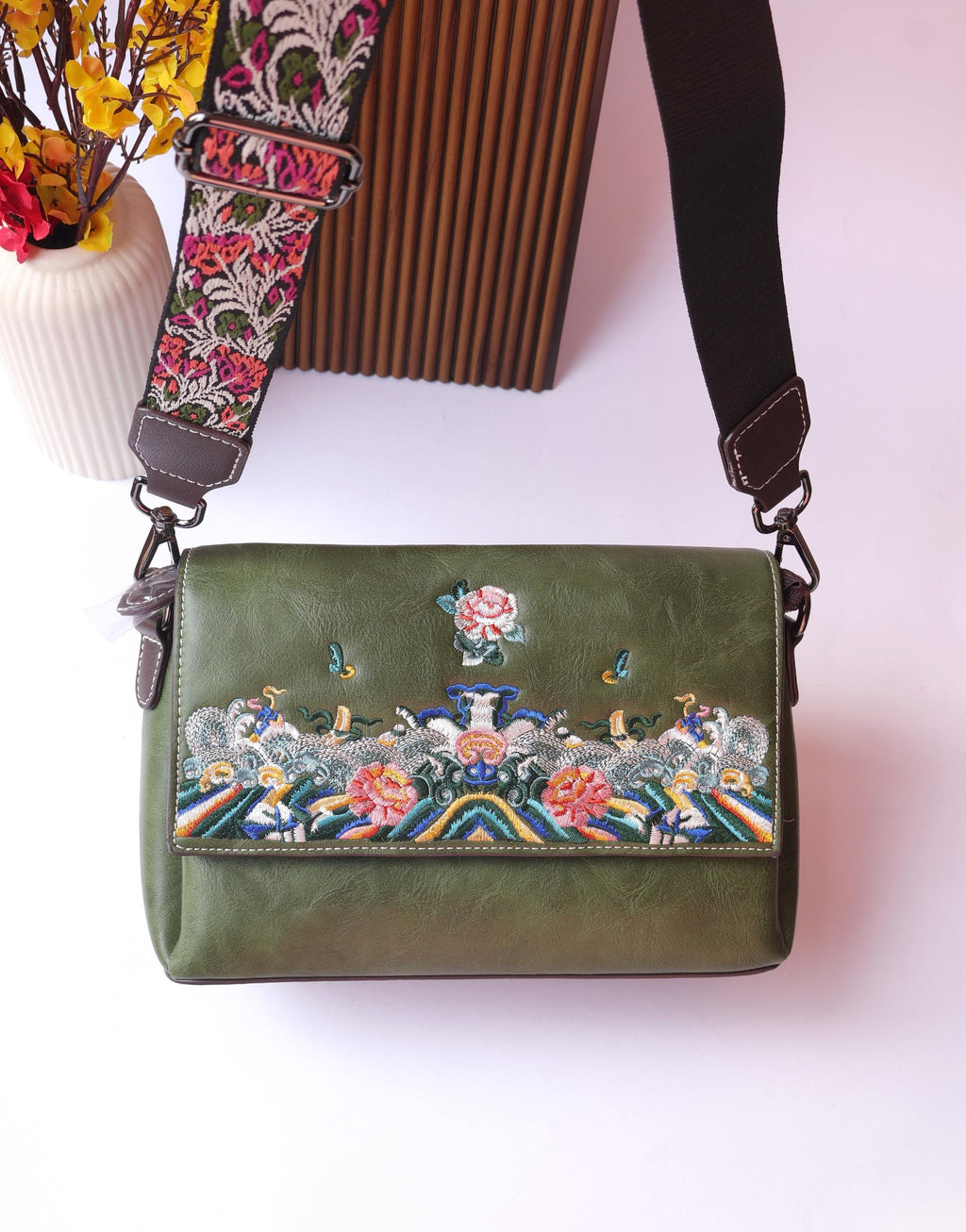 Olive Green Leather Bag: Floral Threadwork Embroidery, Removable Straps