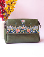 Olive Green Leather Bag: Floral Threadwork Embroidery, Removable Straps