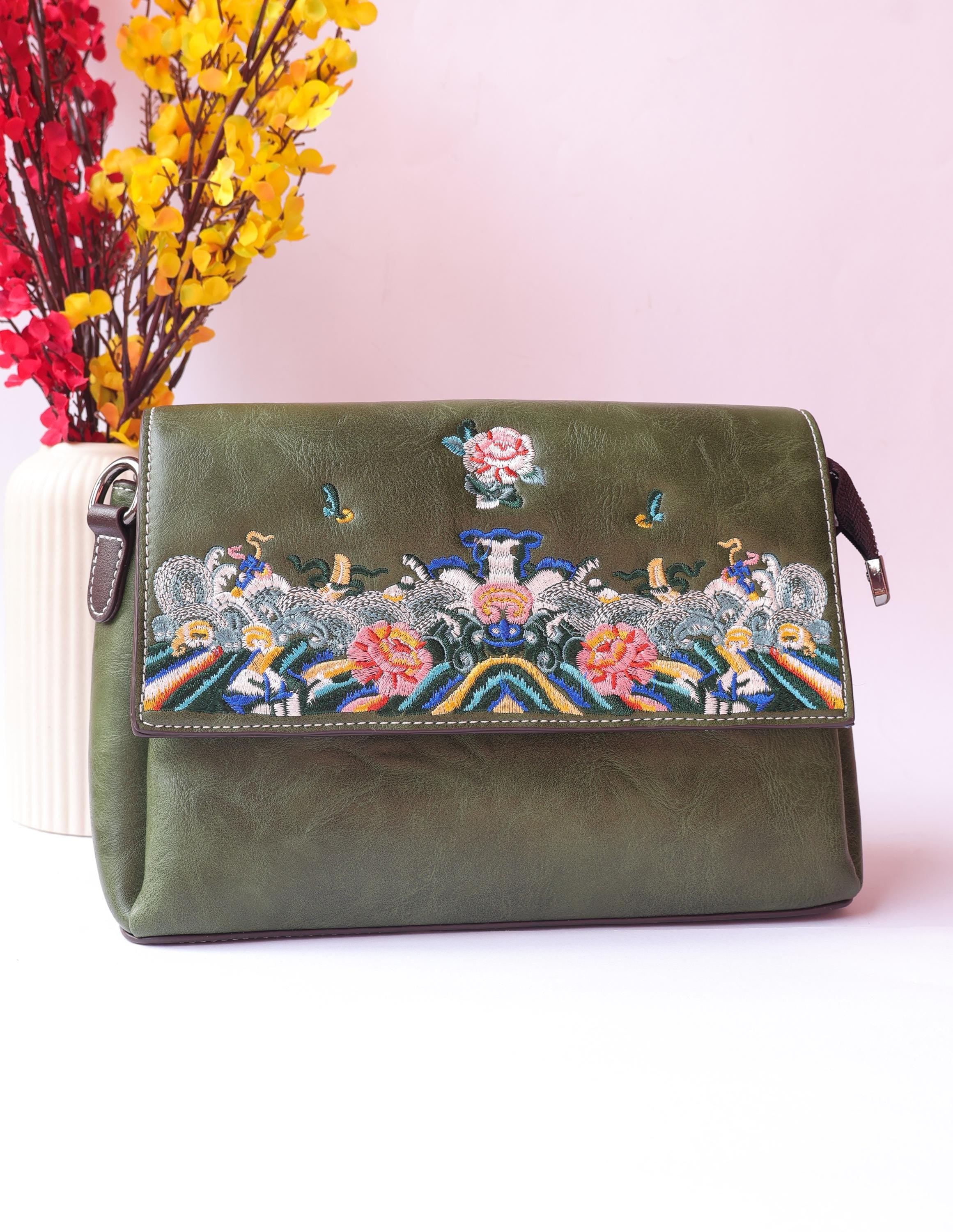 Olive Green Leather Bag: Floral Threadwork Embroidery, Removable Straps