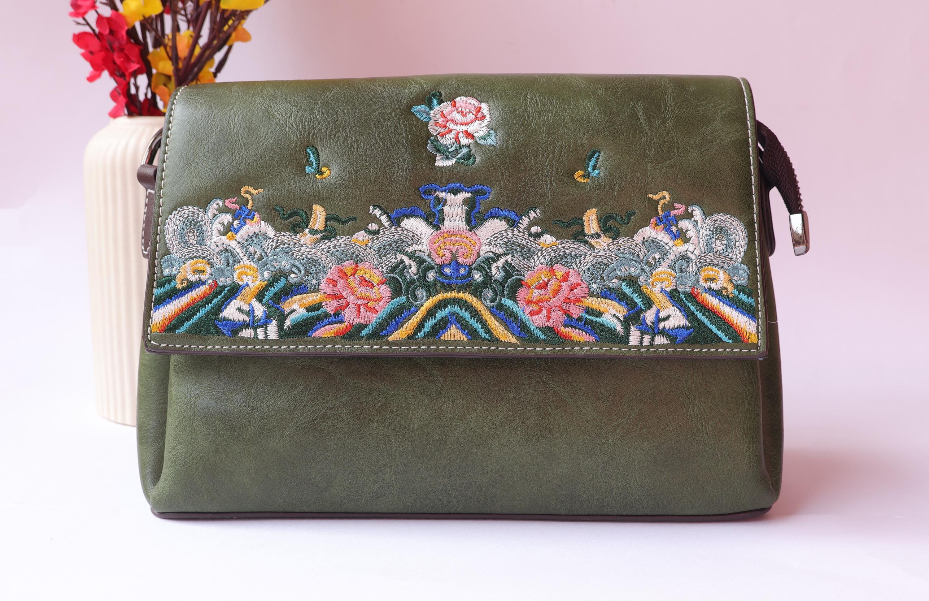 Olive Green Leather Bag: Floral Threadwork Embroidery, Removable Straps