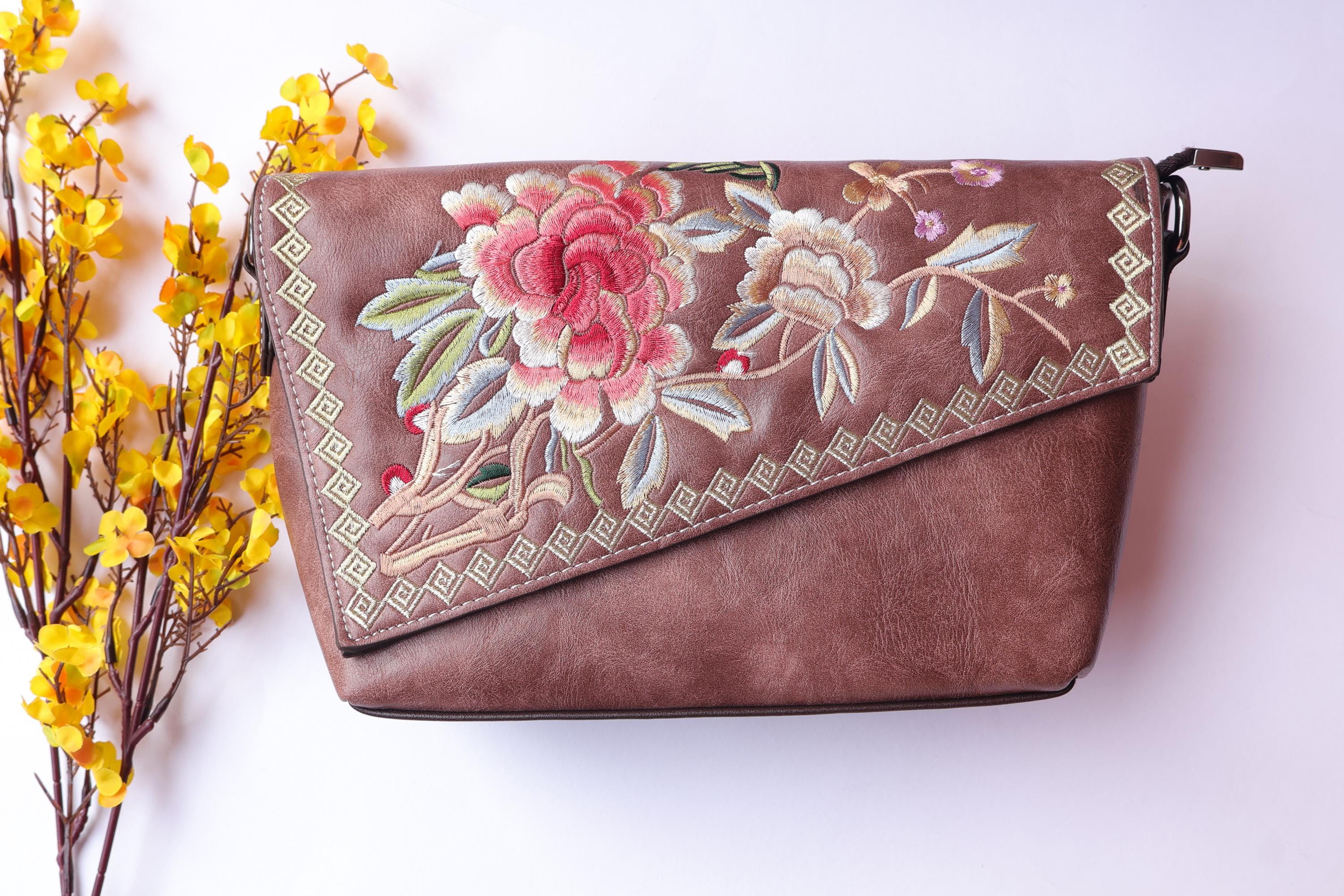 Embroidered Floral Leather Clutch Bag, Boho Shoulder Bag (30 x 18cm)