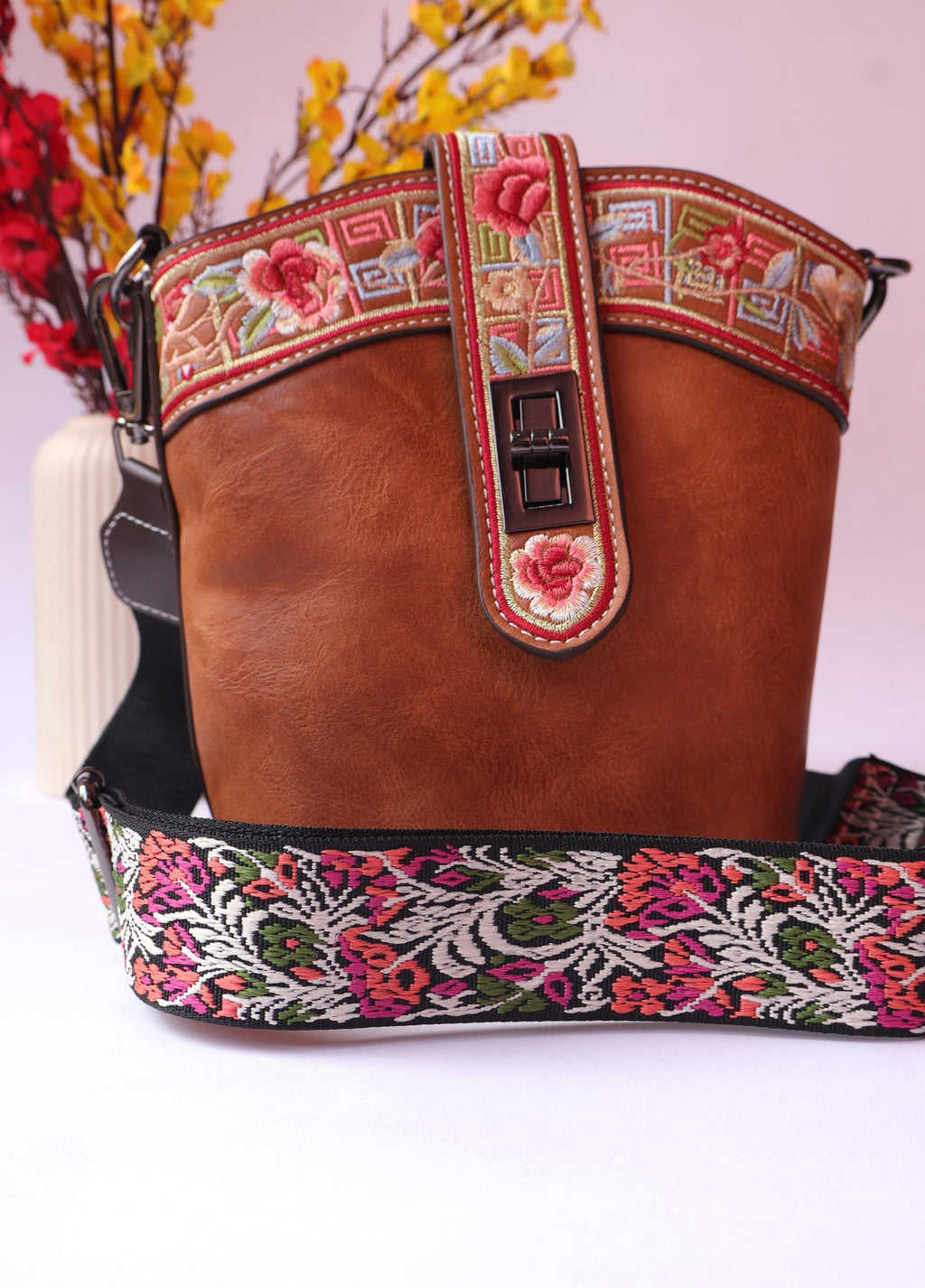 Brown Leather Bag with Floral Strap & Threadwork