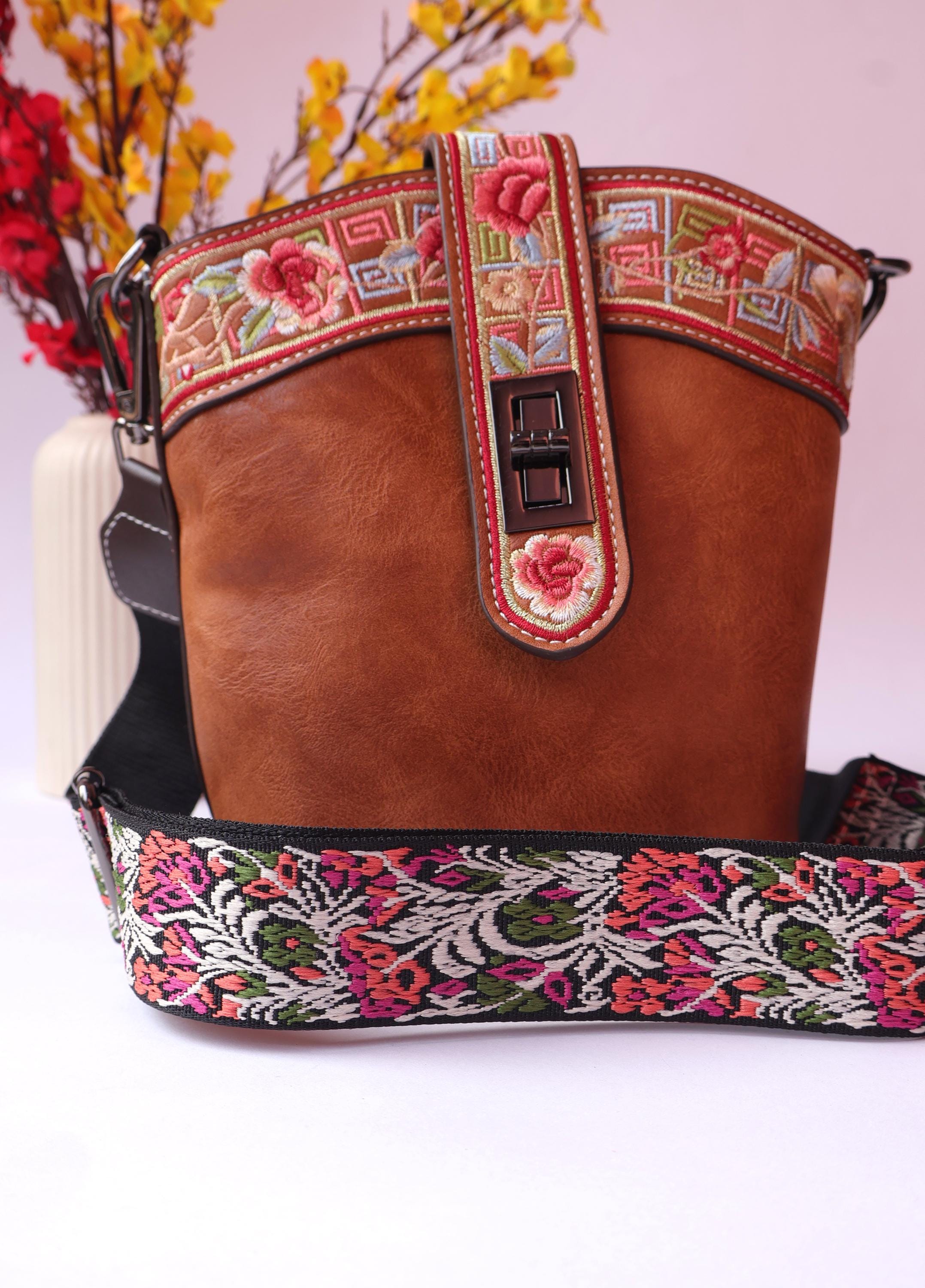 Brown Leather Bag with Floral Strap & Threadwork