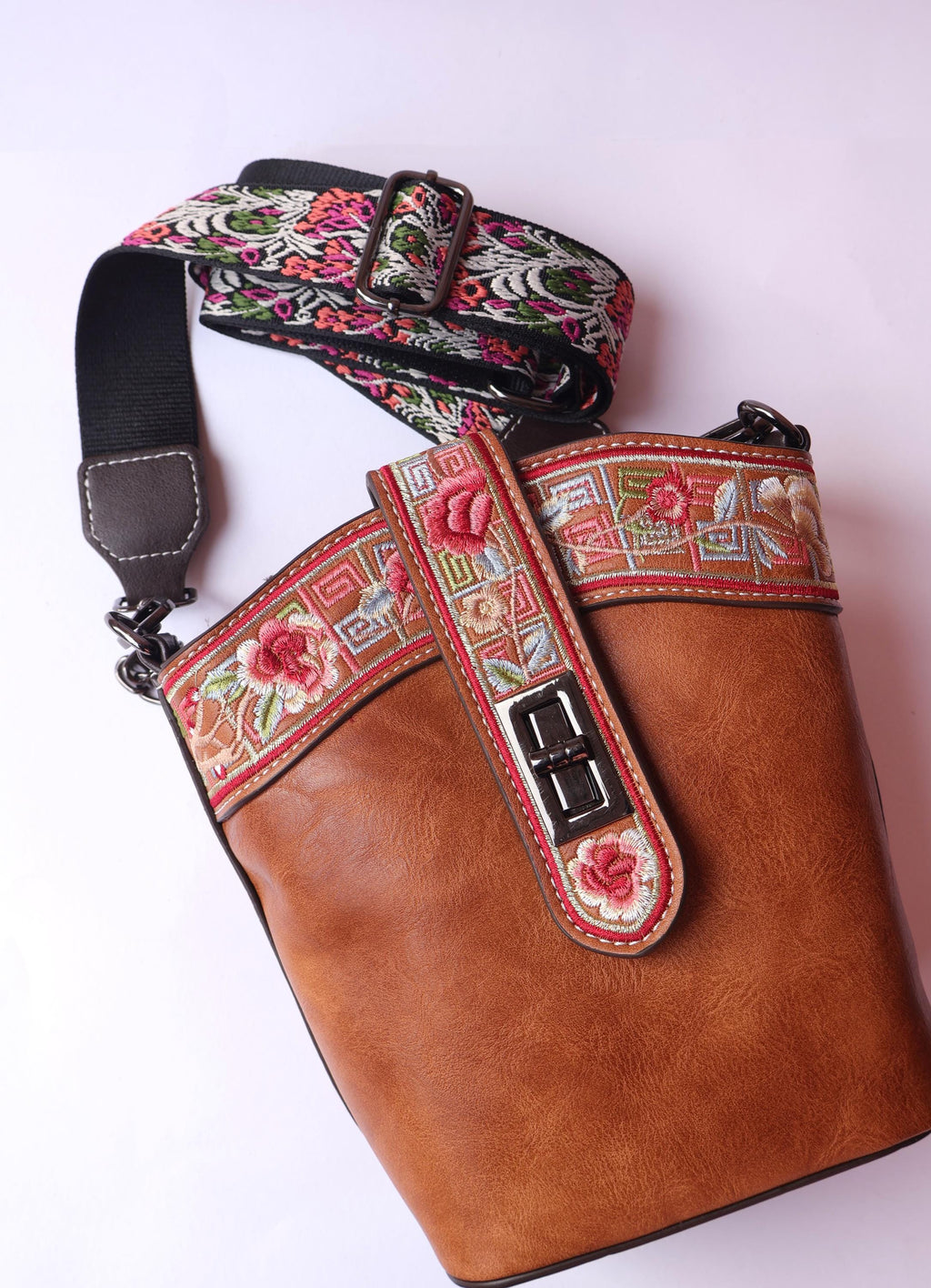 Brown Leather Bag with Floral Strap & Threadwork
