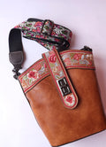 Brown Leather Bag with Floral Strap & Threadwork