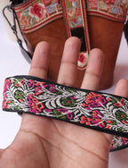 Brown Leather Bag with Floral Strap & Threadwork