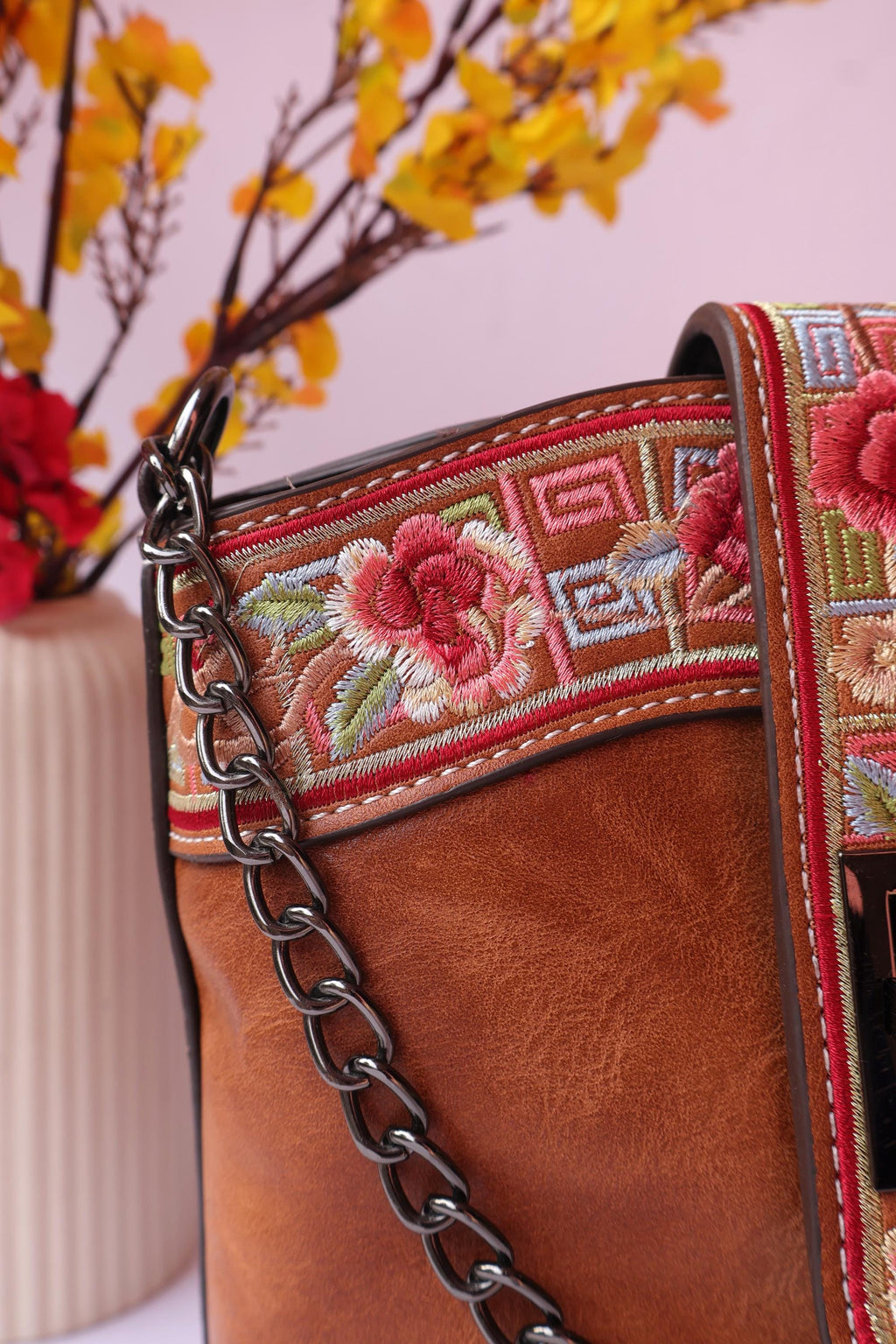 Brown Leather Bag with Floral Strap & Threadwork