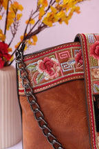 Brown Leather Bag with Floral Strap & Threadwork