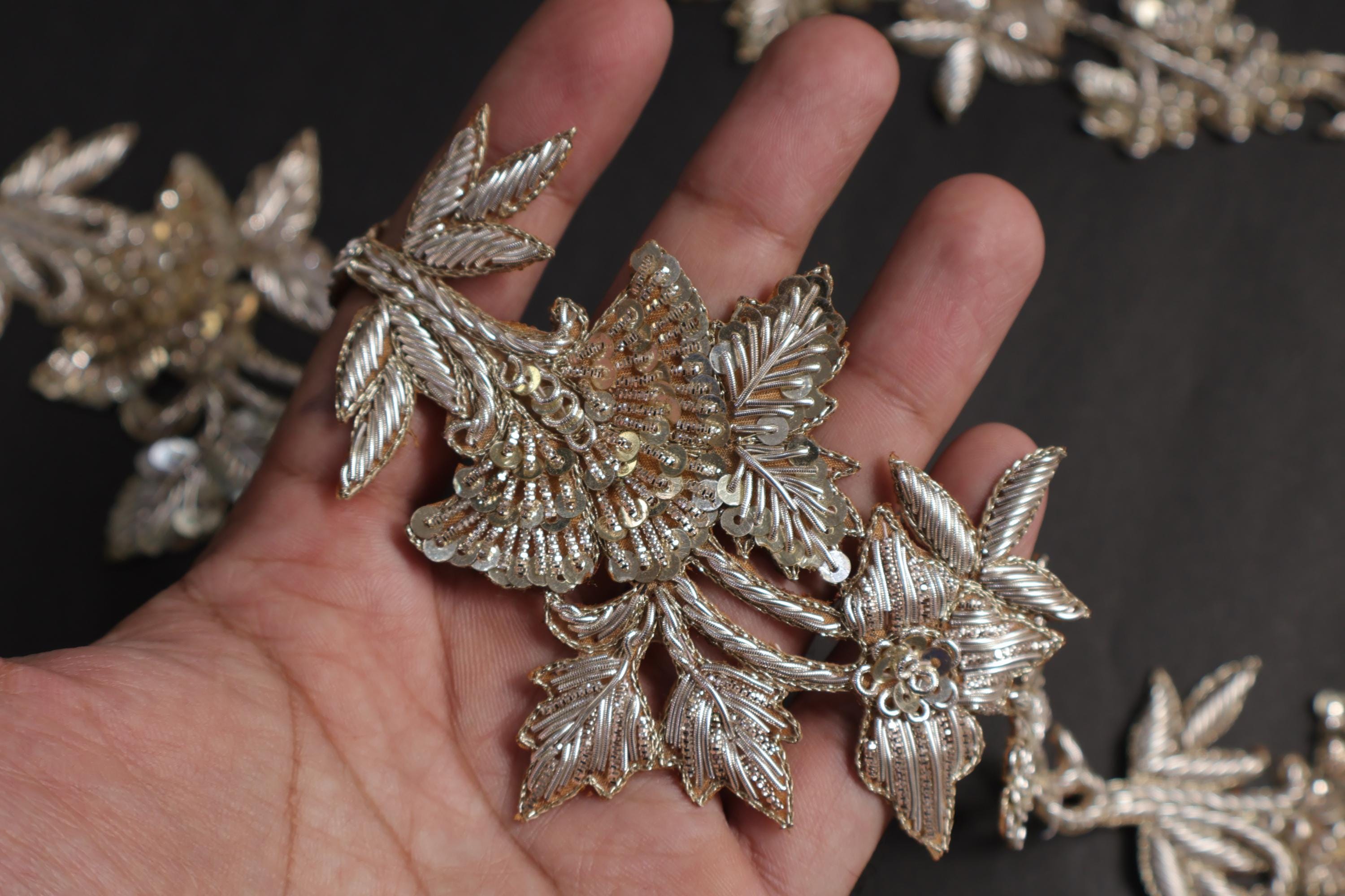 Creme Gold Zardozi Embroidery Floral Applique Patches - Handmade Pair