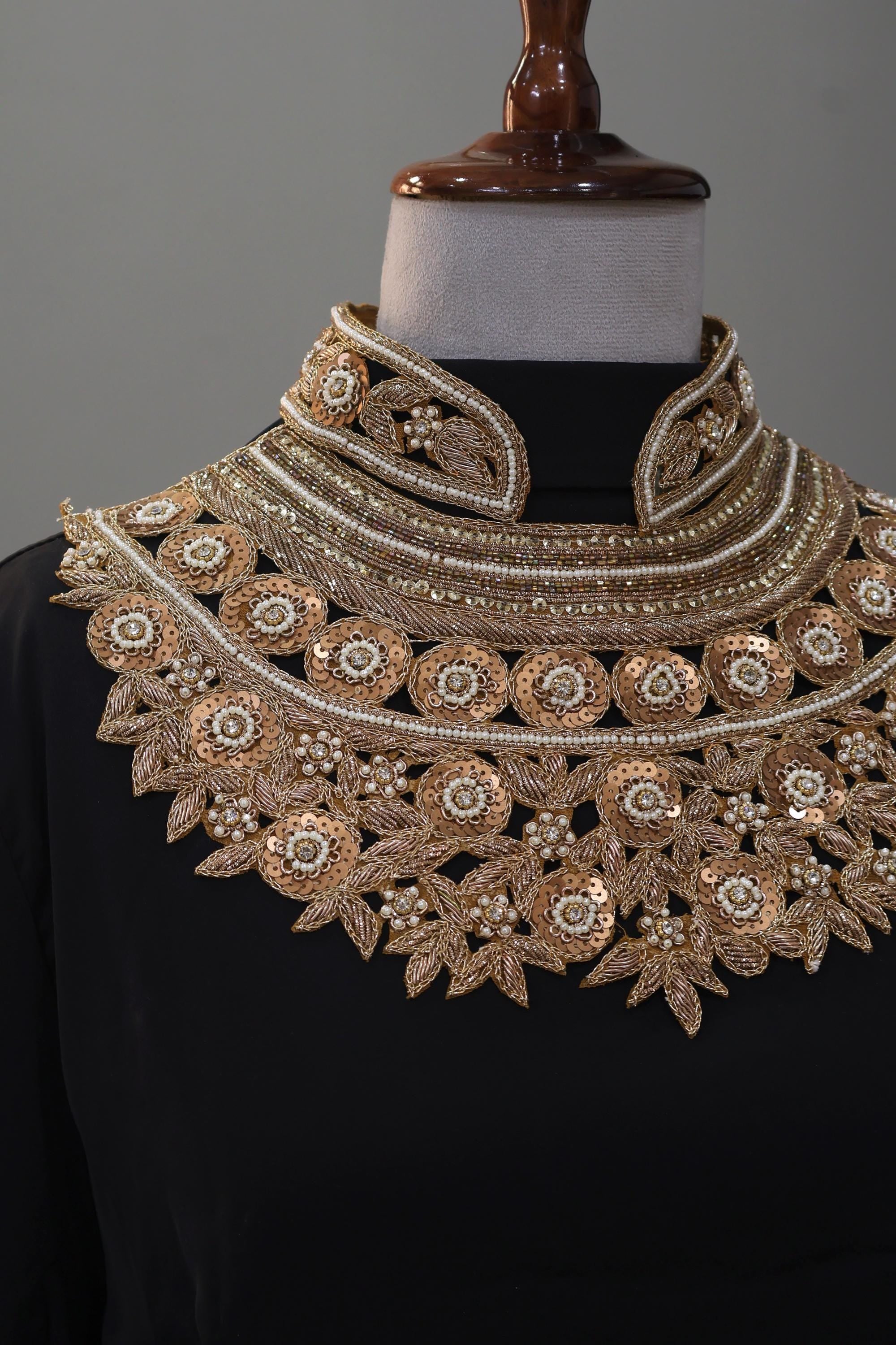 Golden Hand Embroidered Boatneck Sew on Victorian Neckline Patch with Collar - 1 Set