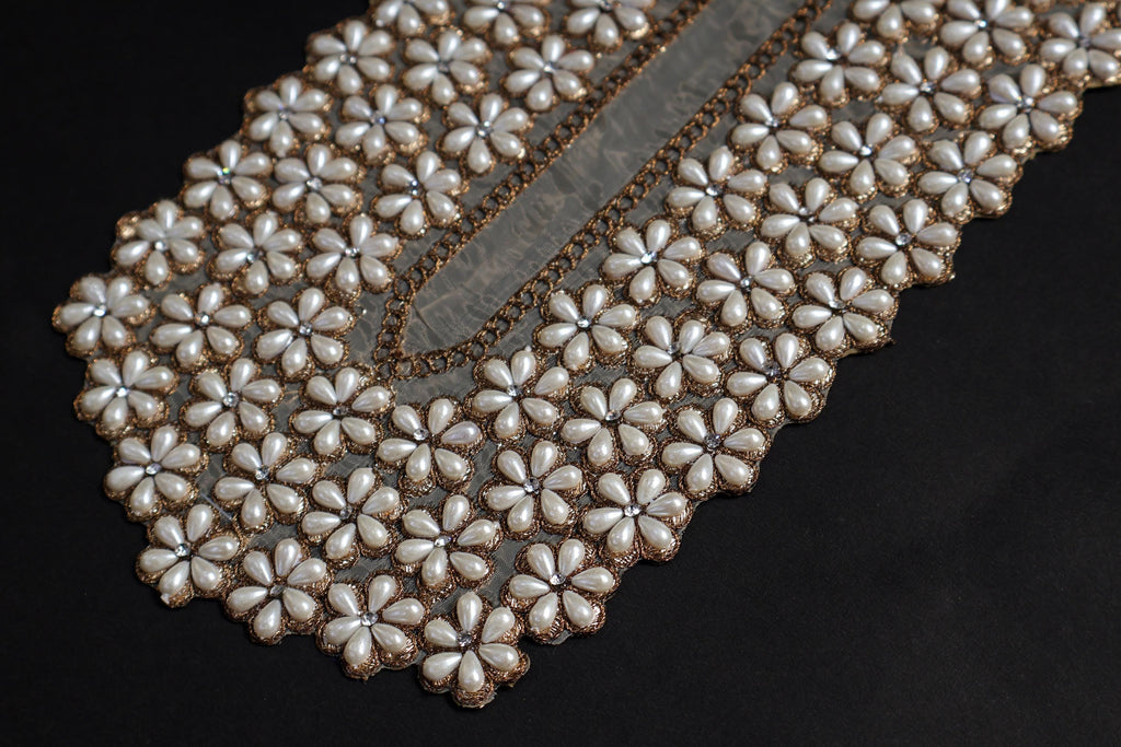 Pearl Floral Neckline Applique: Zircon Stone Indian Sew-On Patch