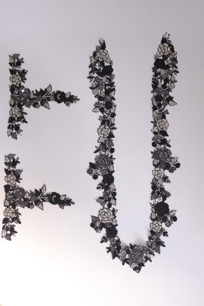 Silver & Black Zardozi Embroidered Sew On Patch