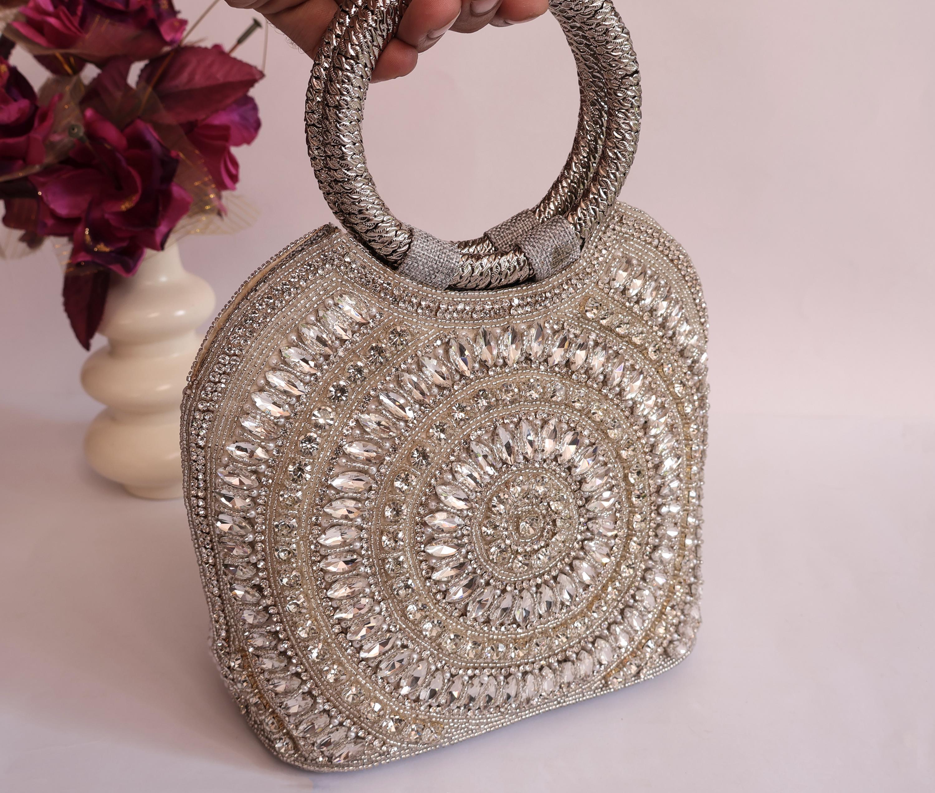Handcrafted Silver Bridal Clutch: Pearl & Crystal Wedding Handbag