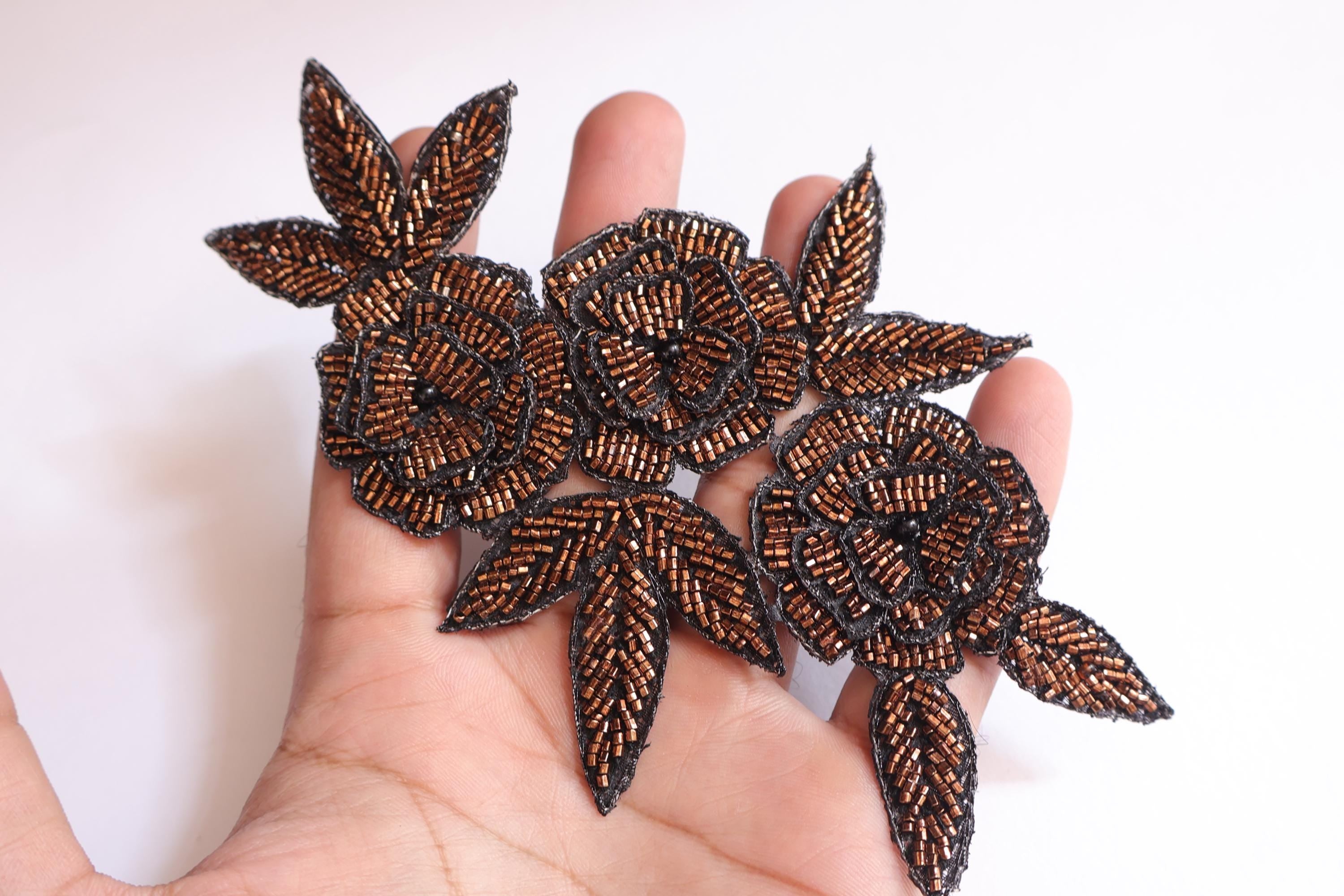 Embroidered Floral Applique Patch: Dark Golden Indian Glass Beads