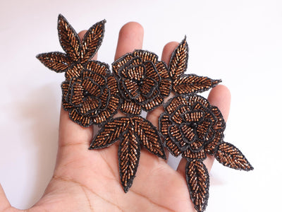 Dark Golden Applique Sew on Embroidered Floral Patch