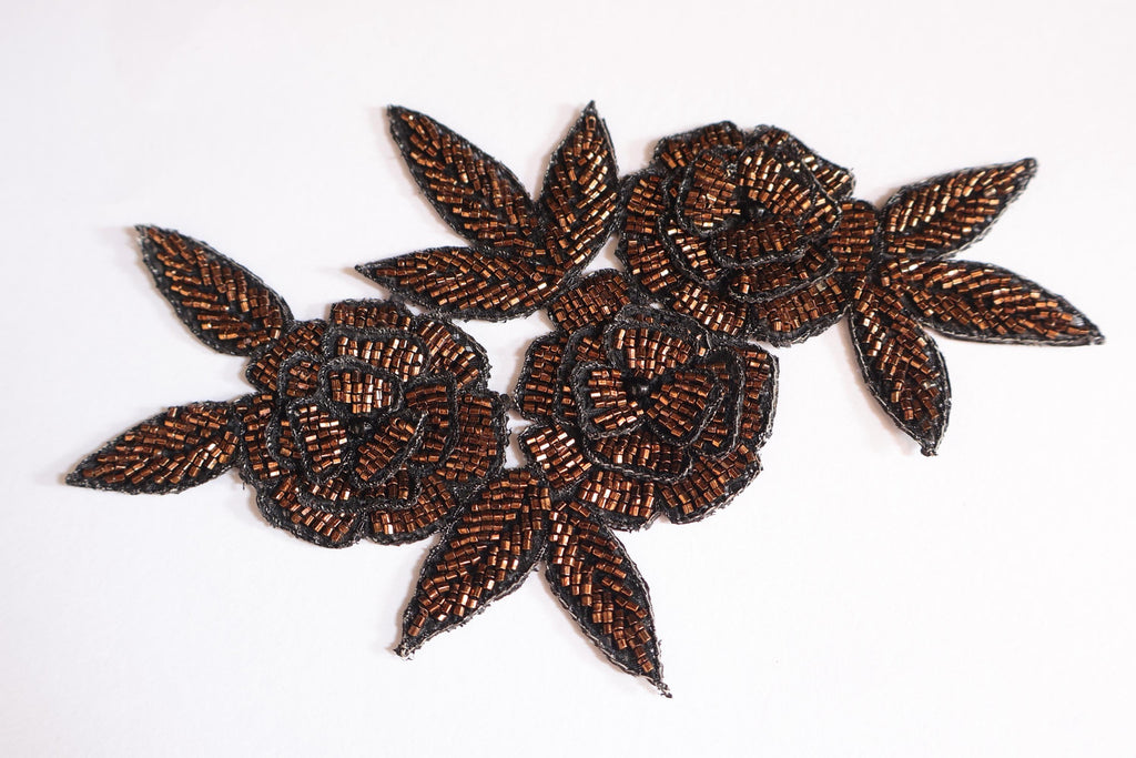 Embroidered Floral Applique Patch: Dark Golden Indian Glass Beads