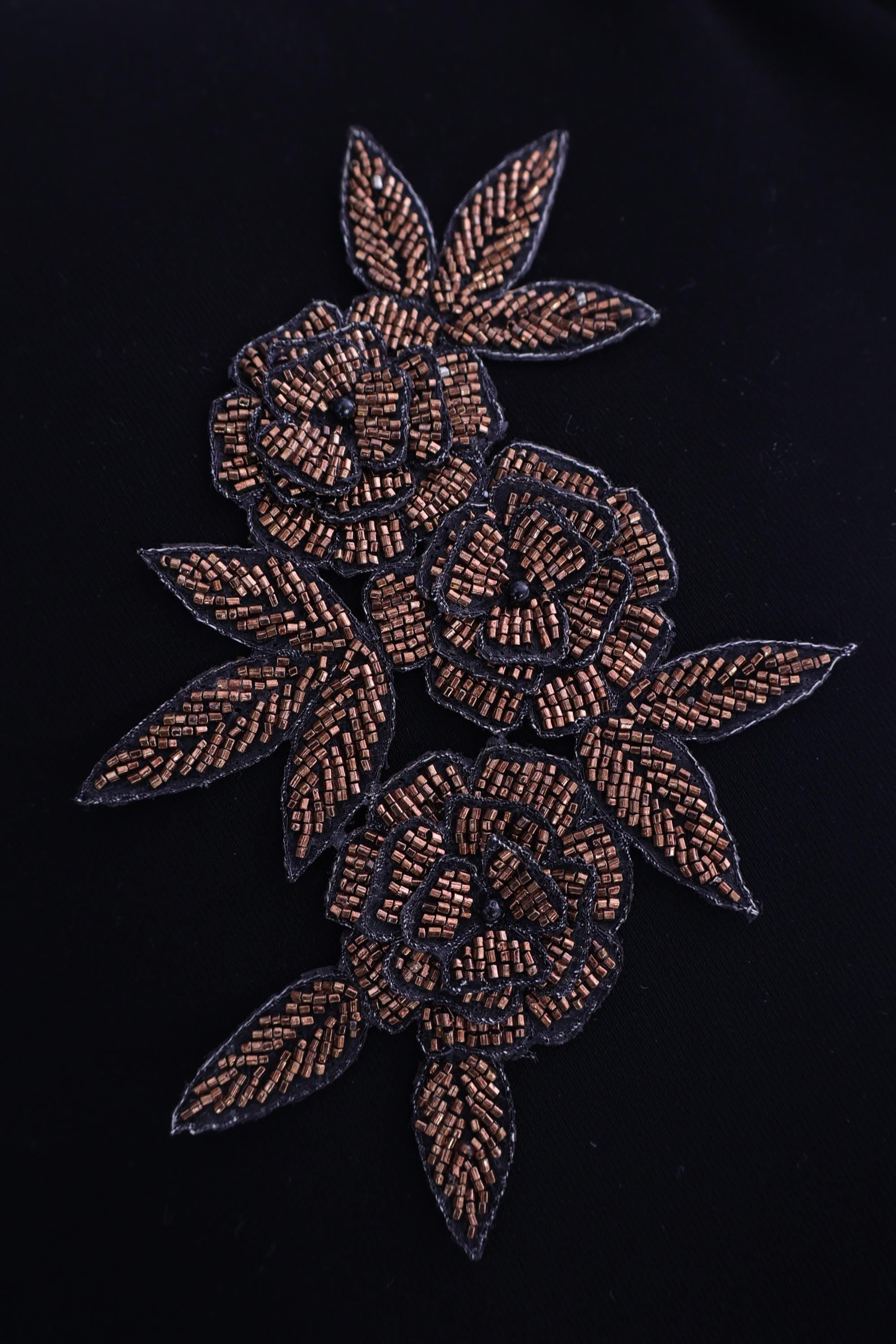 Embroidered Floral Applique Patch: Dark Golden Indian Glass Beads