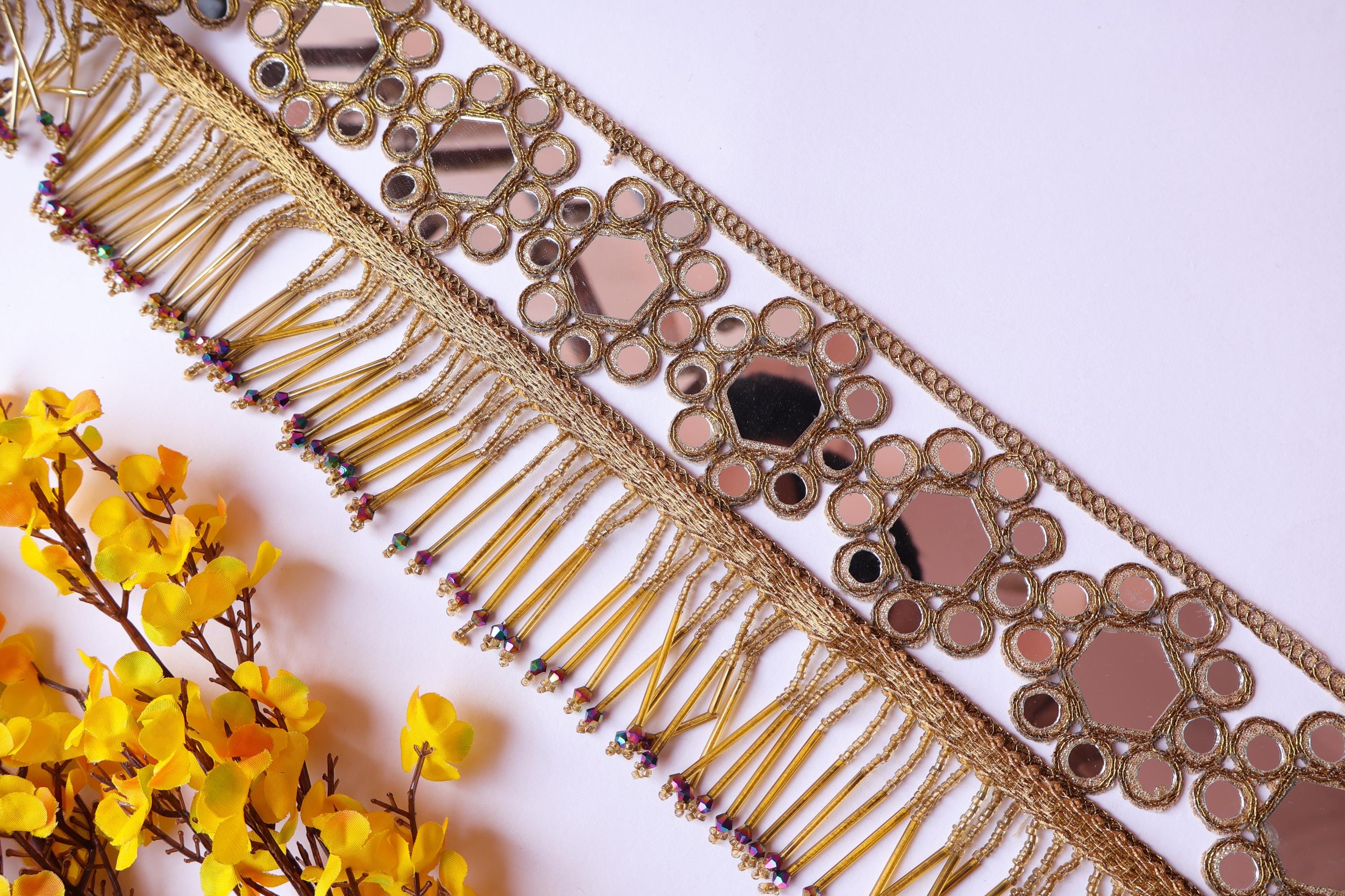 Golden Mirror Fringe Trim, Cutwork Lace, Boho Embellishment, By The Yard