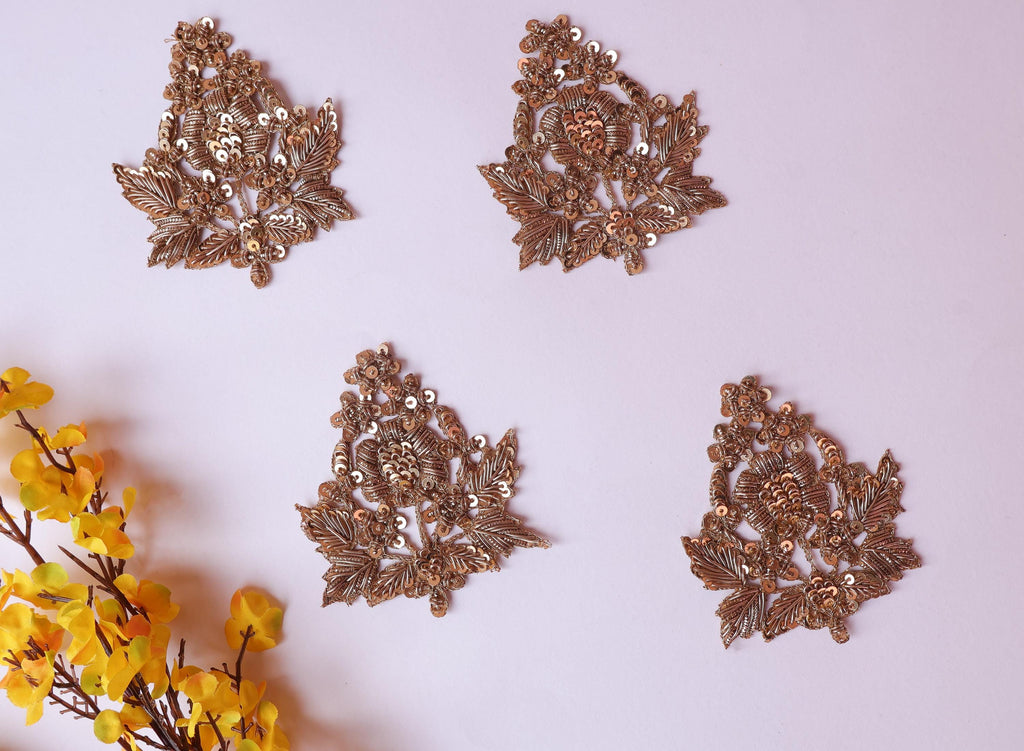 Zardozi Embroidered Sequin Applique Patches: Indian Antique Gold & Rose Gold (Set of 4)