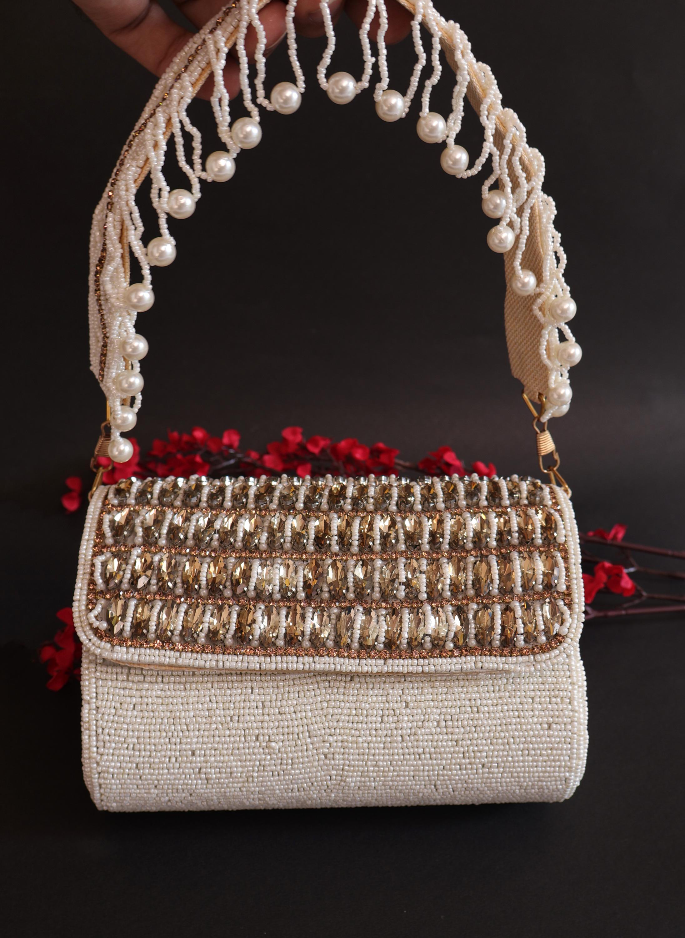Handmade Beaded Bridal Clutch: Creme White, Gold, and Pearls