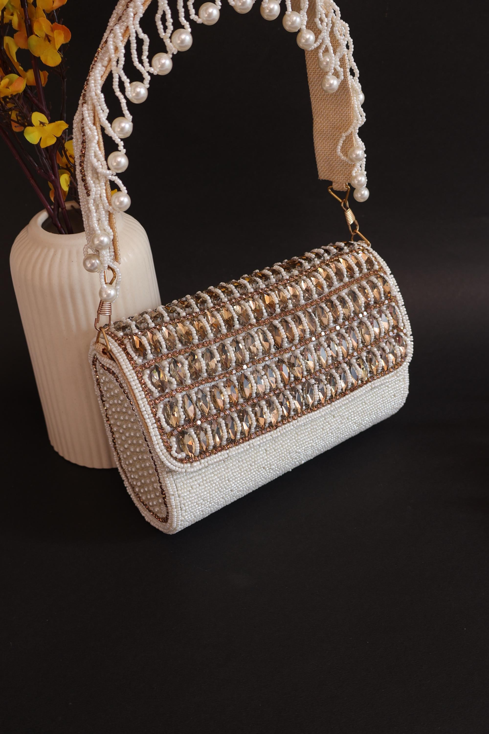 Handmade Beaded Bridal Clutch: Creme White, Gold, and Pearls