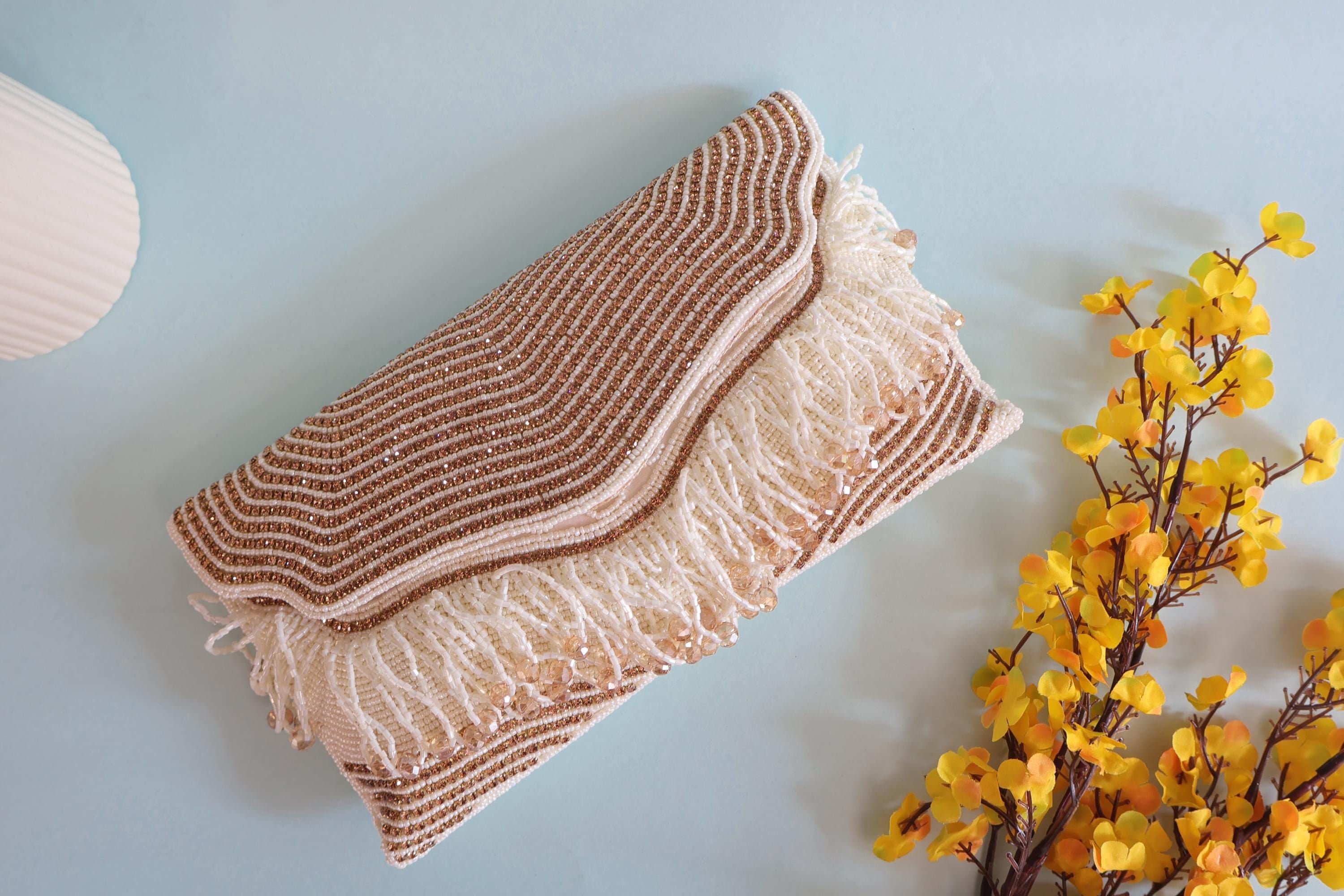 Handmade Beaded Bridal Clutch: Creme White & Gold Indian Wedding Purse