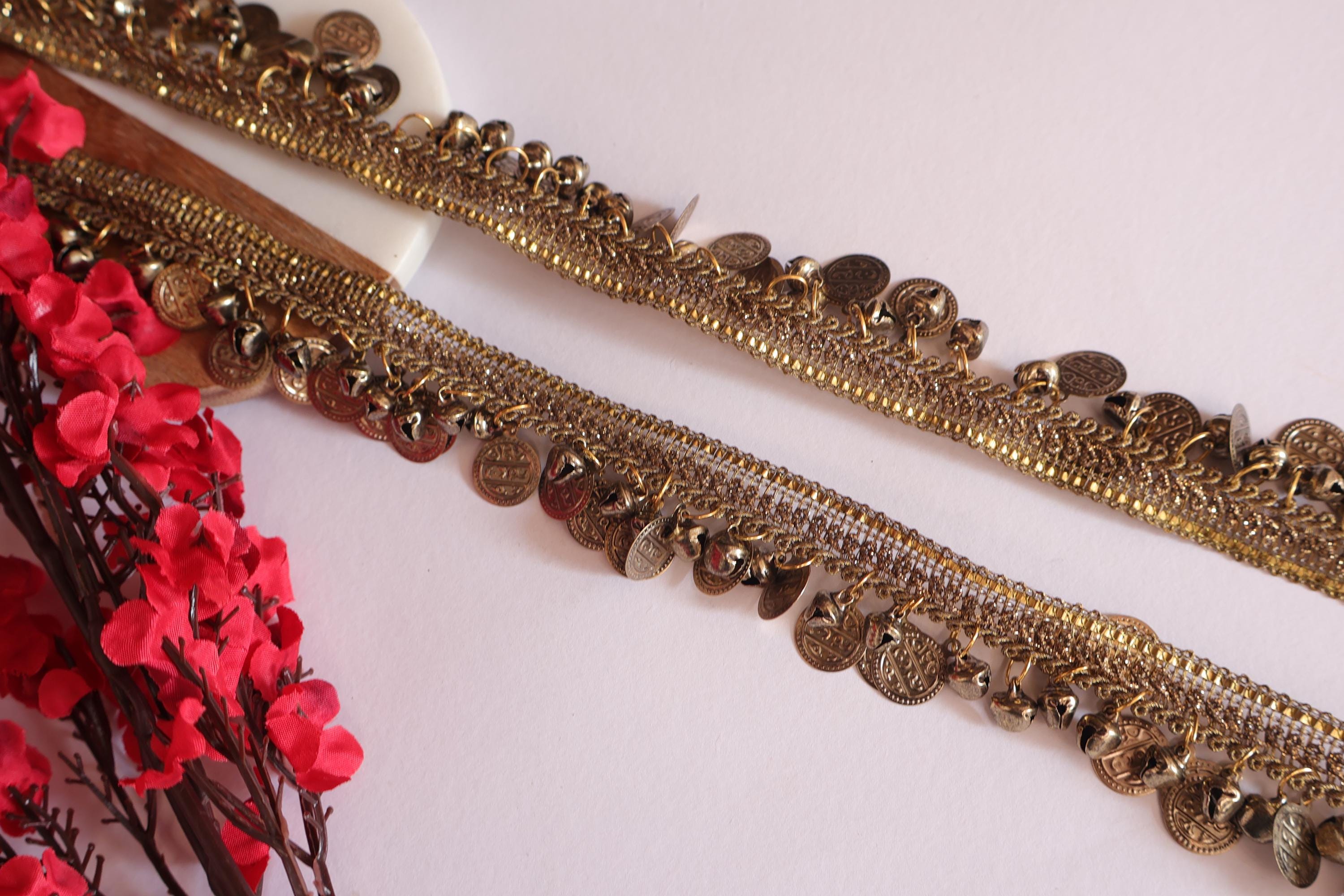 Coin & Ankle Bell Beaded Trim: Brown Gold/Silver Lace - 3 Yards