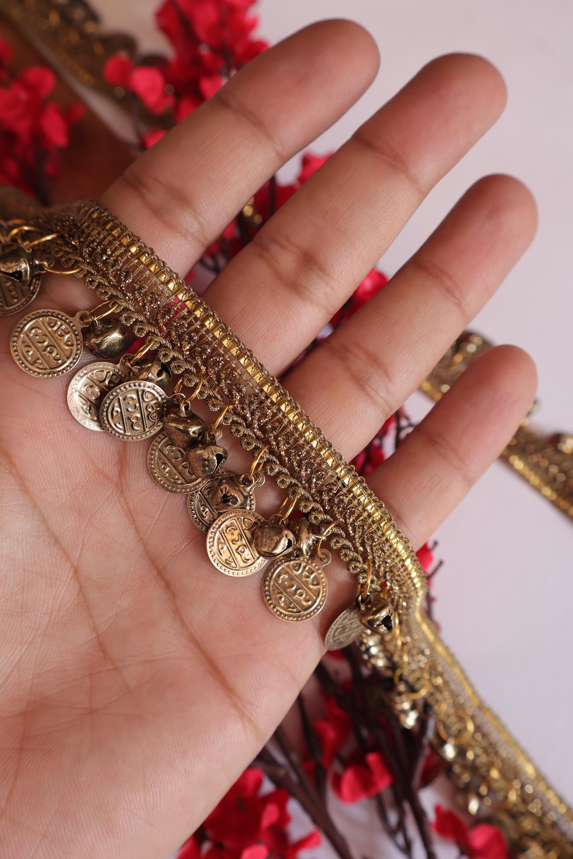 Coin & Ankle Bell Beaded Trim: Brown Gold/Silver Lace - 3 Yards