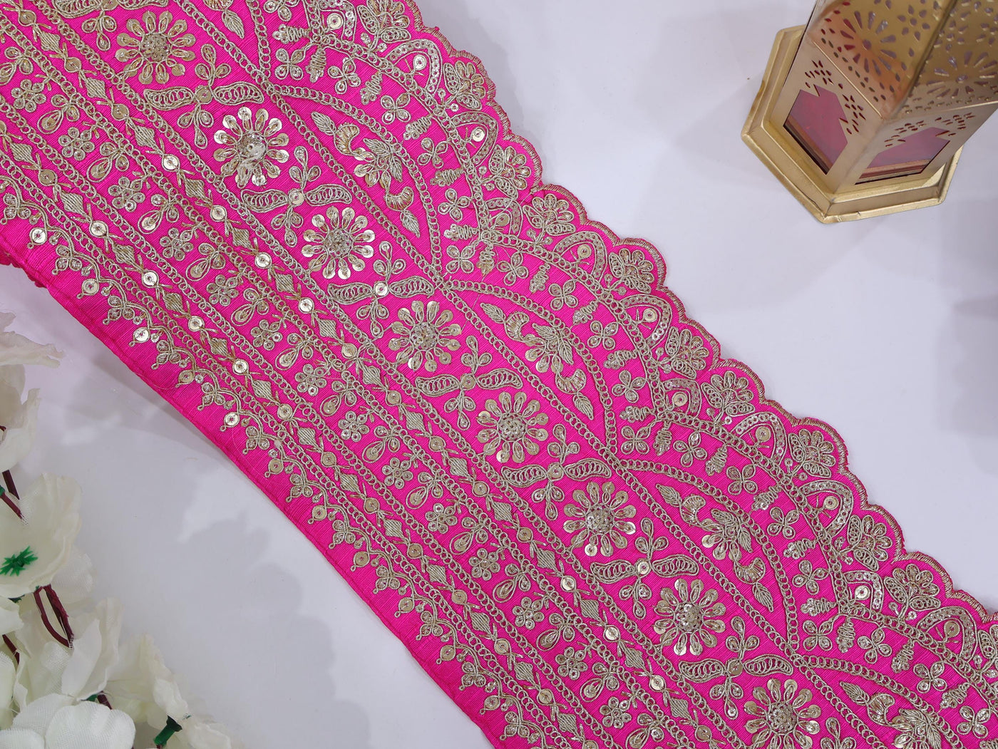 Broad Hot Pink Embroidered Border Trim 17 cm Wide - 1 Yard