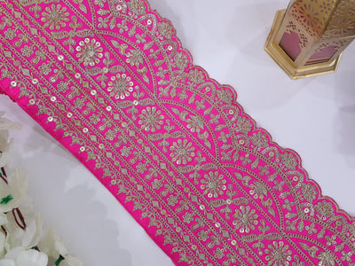 Broad Hot Pink Embroidered Border Trim 17 cm Wide - 1 Yard