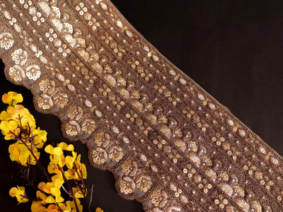 Golden Brown Broad Zari Scalloped Embroidered Trim Lace 16 cm - 1 Yard