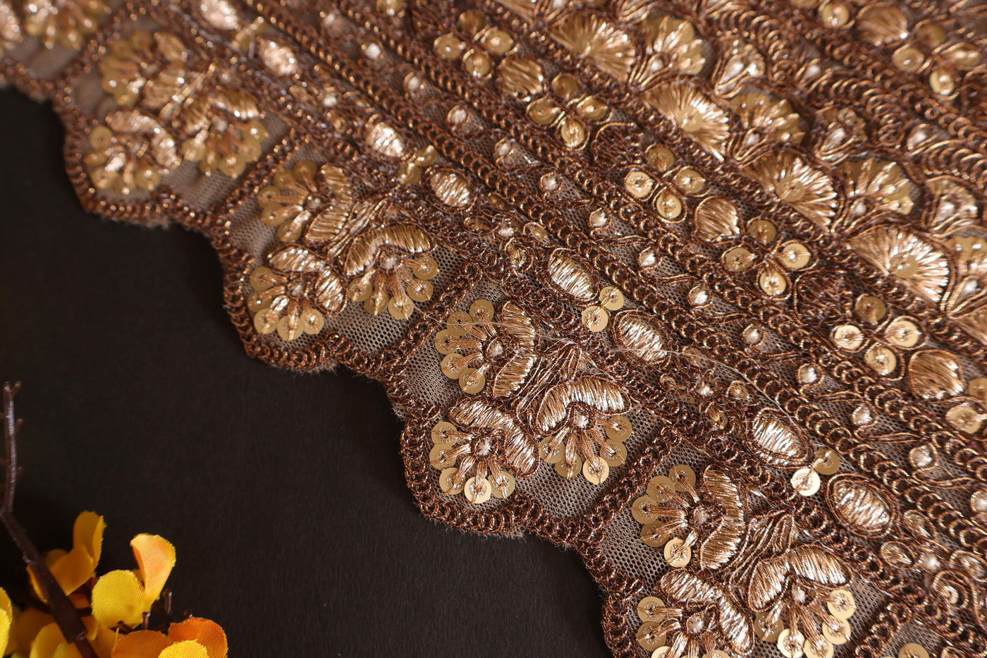 Golden Brown Broad Zari Scalloped Embroidered Trim Lace 16 cm - 1 Yard