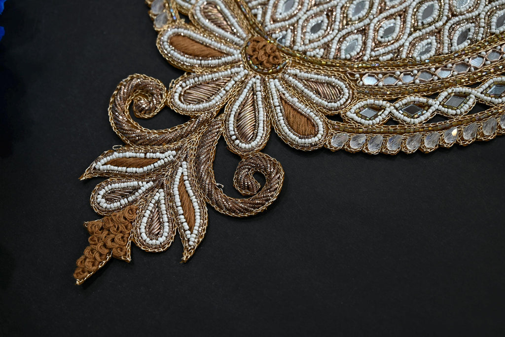Zardozi Neckline Patch: Golden Beaded Embroidered Applique with Sleeves