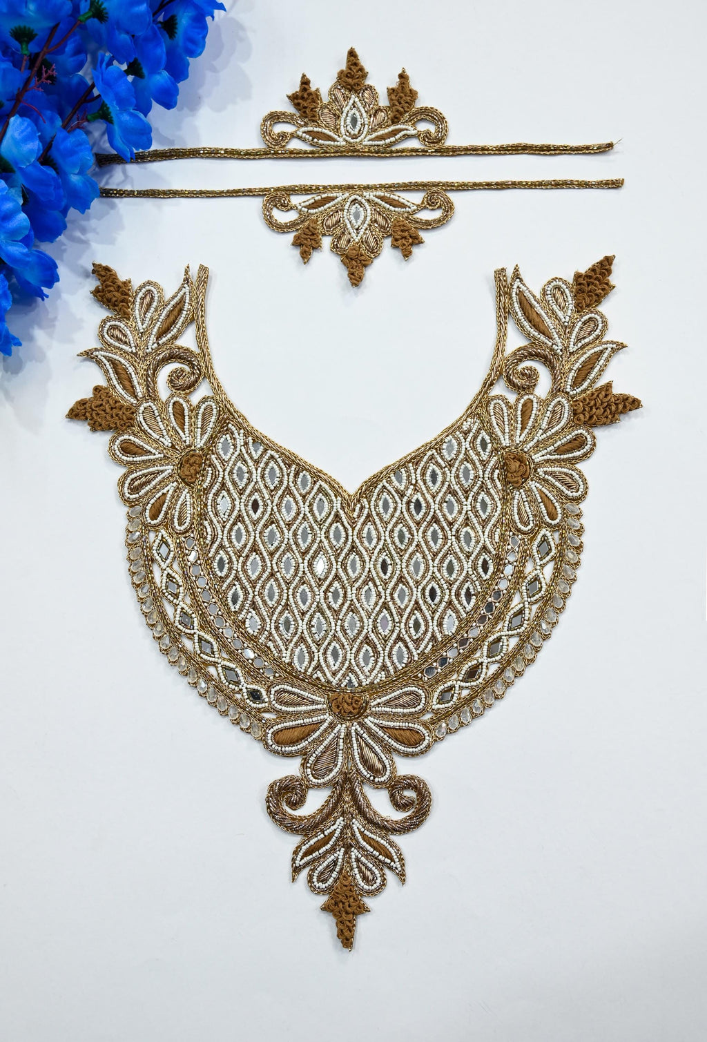 Zardozi Neckline Patch: Golden Beaded Embroidered Applique with Sleeves