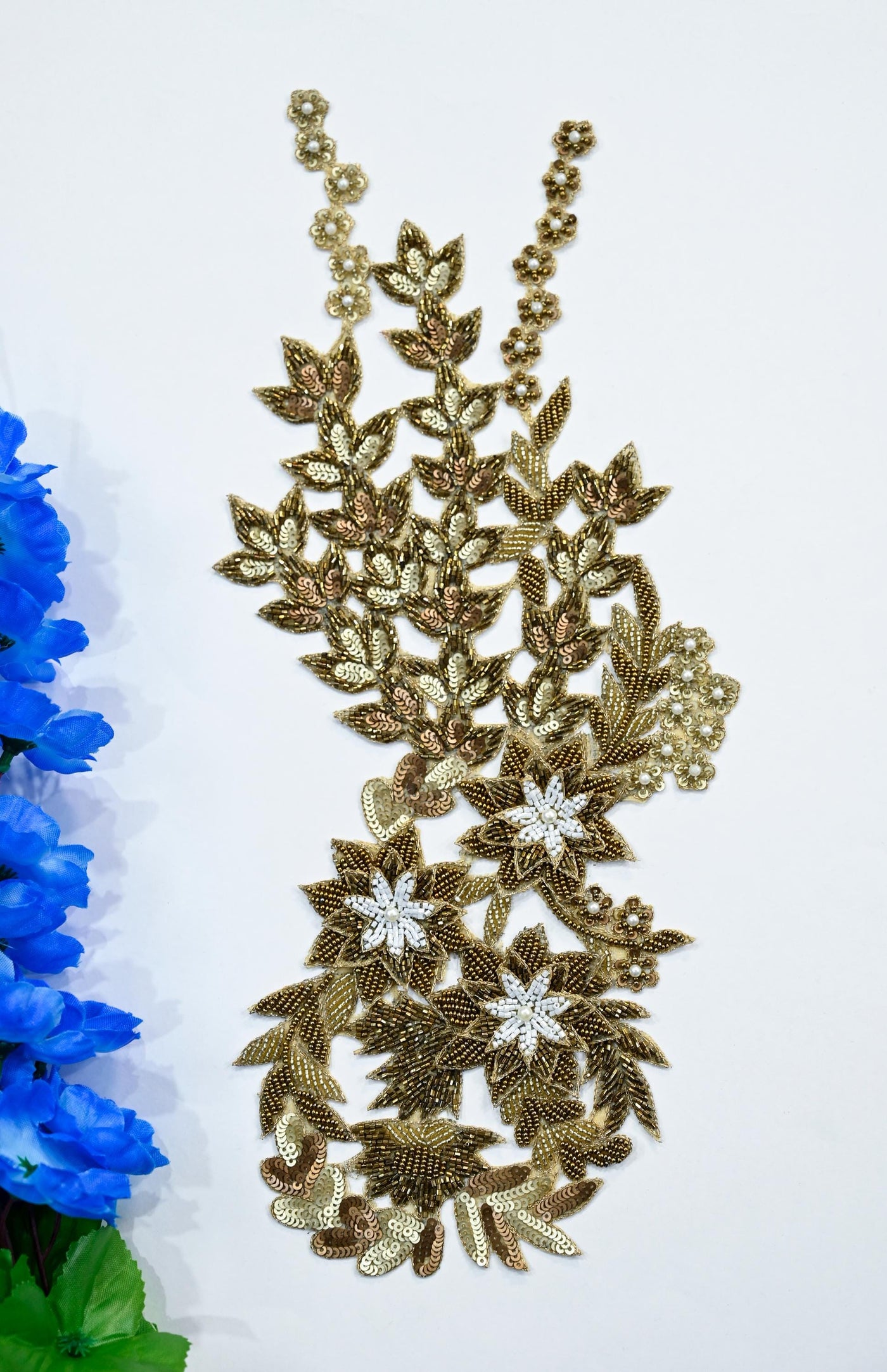 Long Golden Cutwork Beads & Sequins Embroidered Patch 39 cm Long