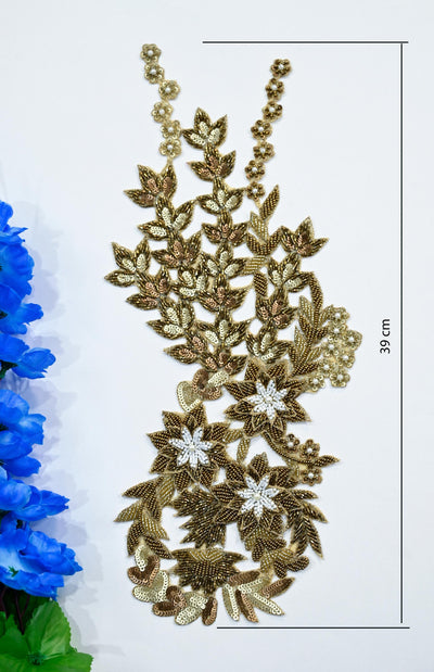 Long Golden Cutwork Beads & Sequins Embroidered Patch 39 cm Long