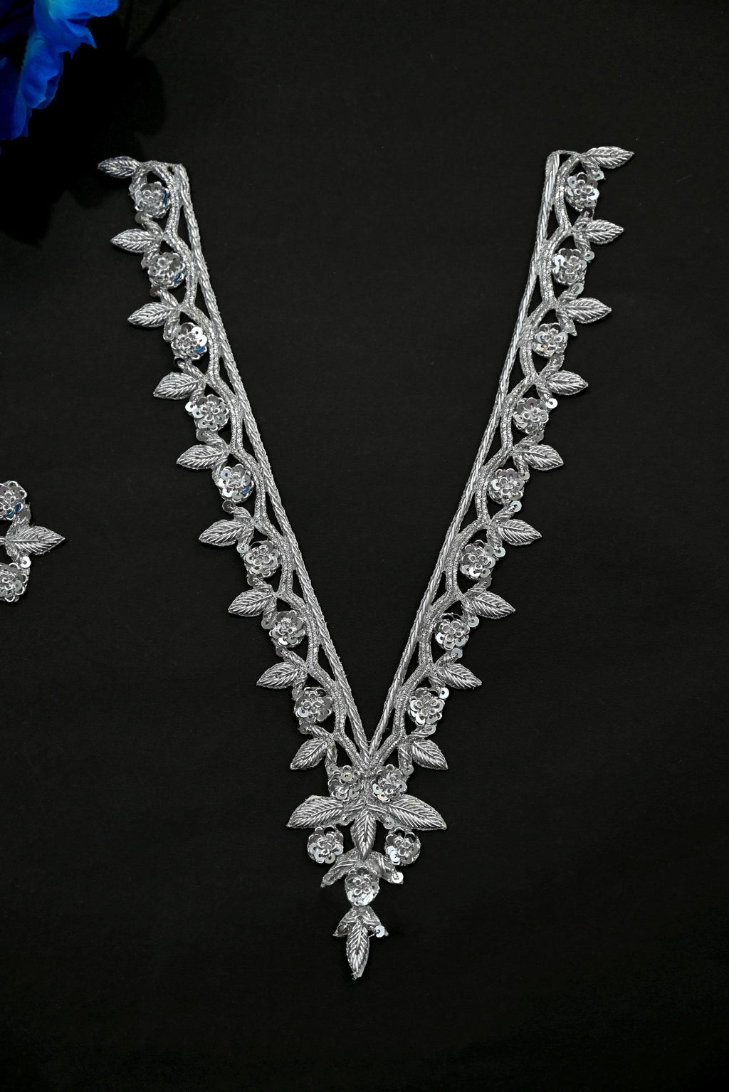 Silver Embroidered V Neck Patch with Sleeves: Indian Brass Applique