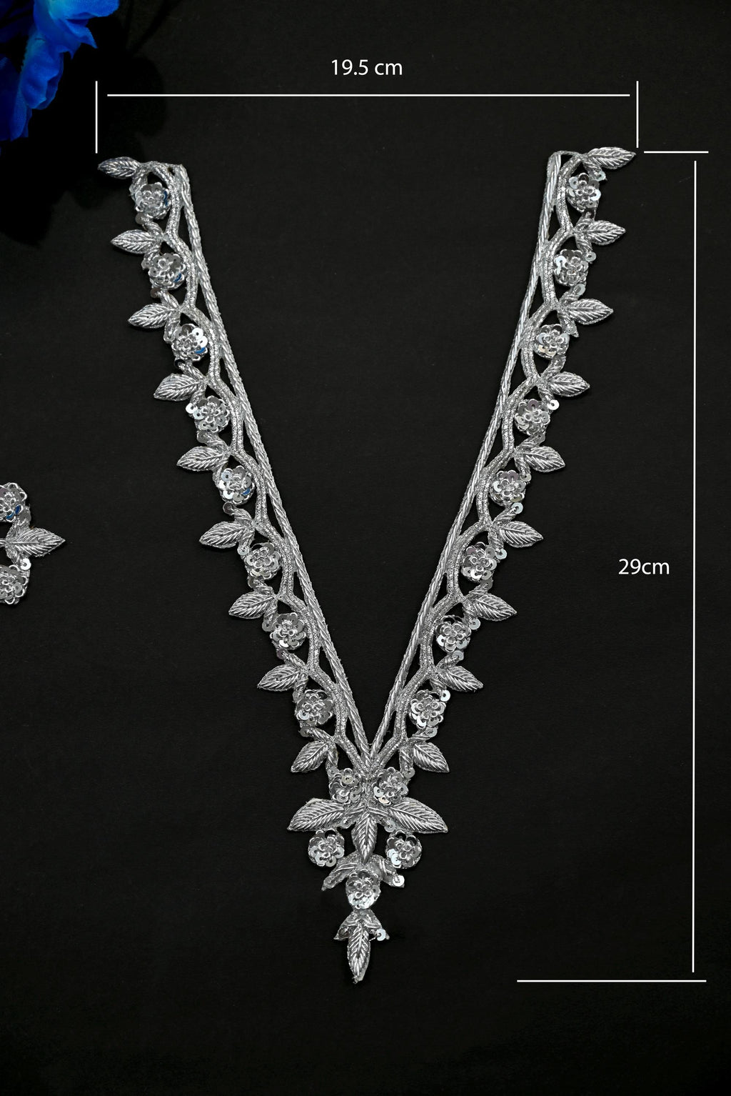 Silver Embroidered V Neck Patch with Sleeves: Indian Brass Applique